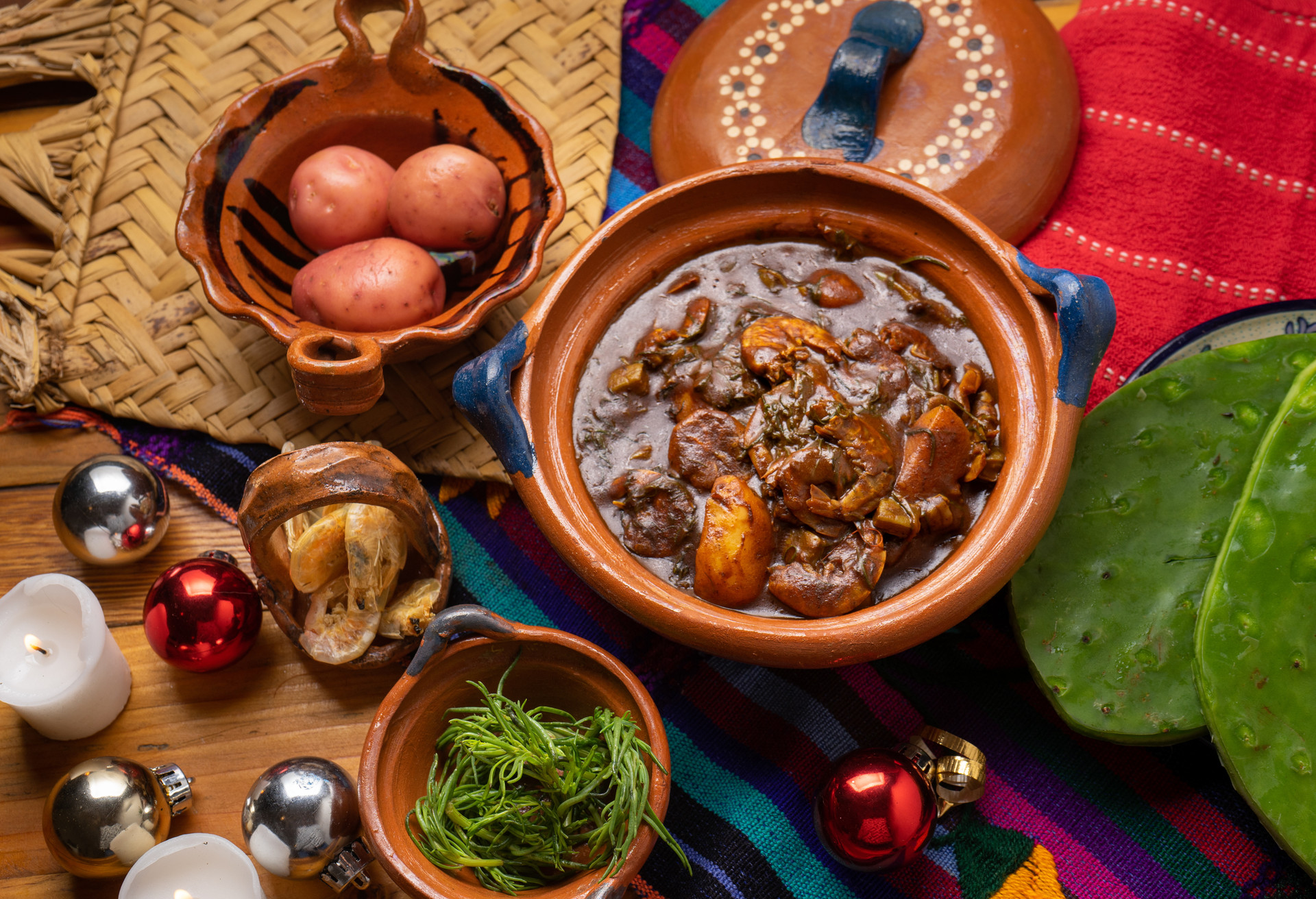 Traditional mexican rosemary with mole sauce and dried shrimps also called 