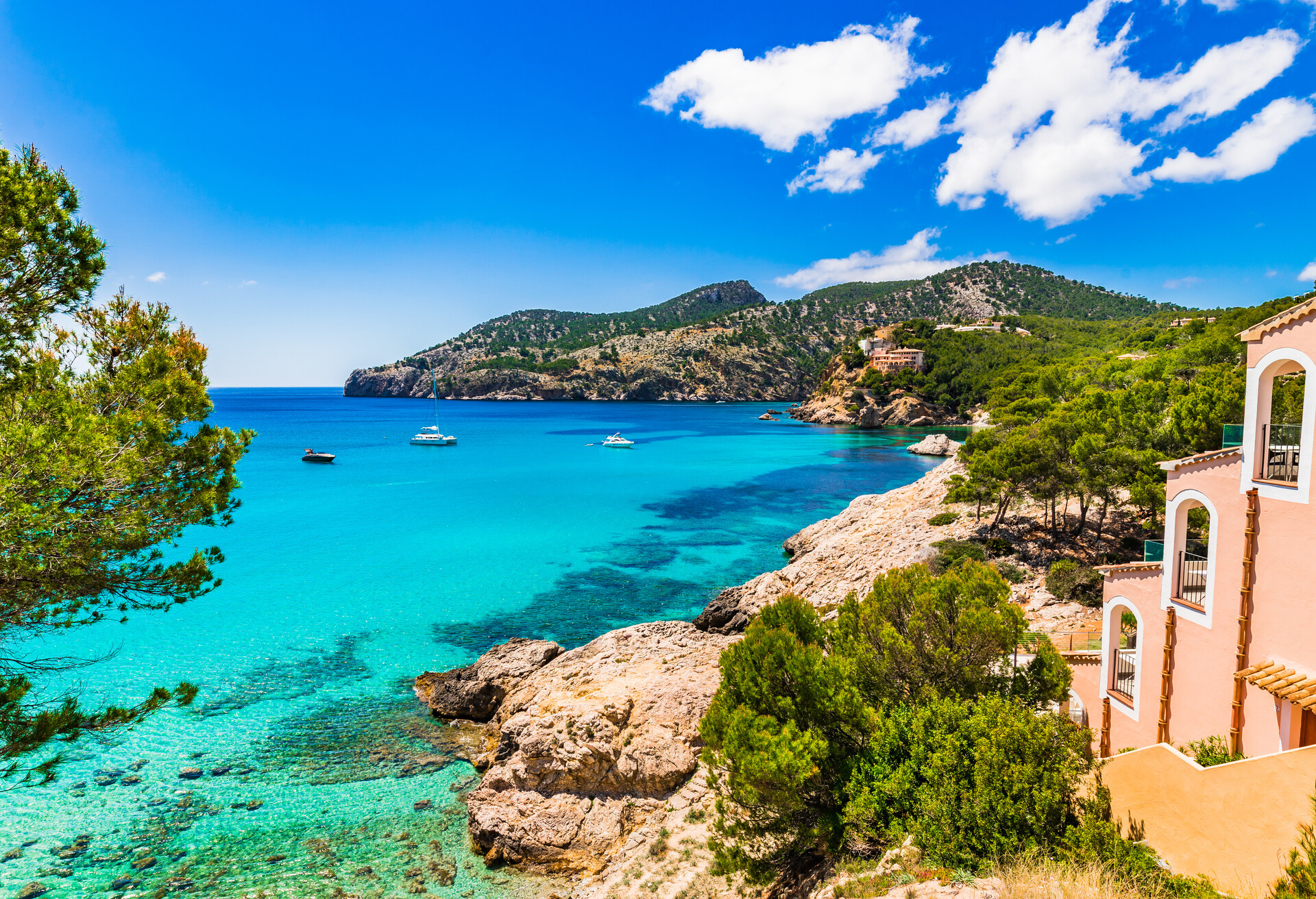 Idyllic sea view on Majorca island, beautiful coast of Camp de Mar bay, Spain Mediterranean Sea
