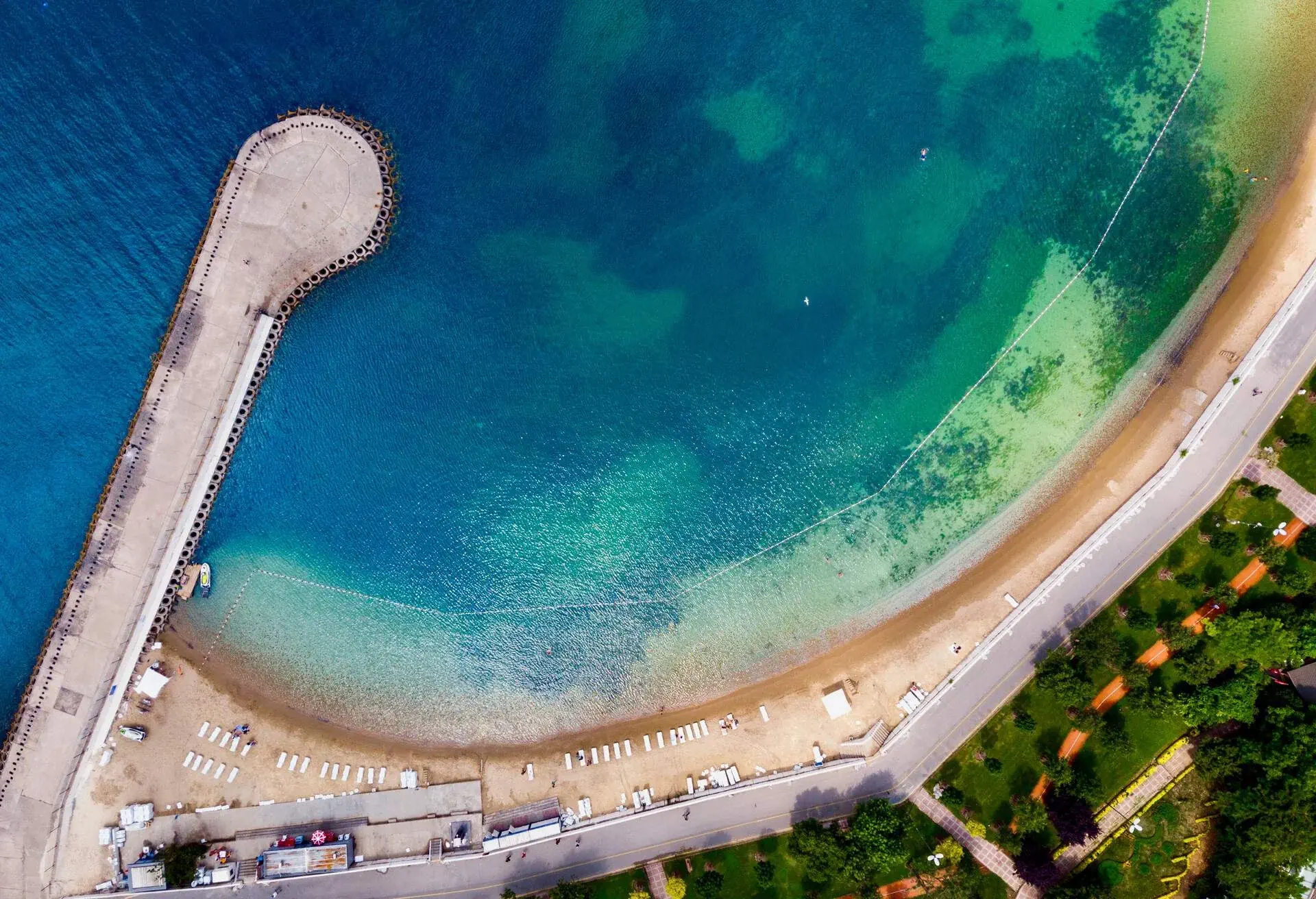 Aerial Drone View of Caddebostan Cove Beach / Istanbul Seaside. Blue Sea in the City 