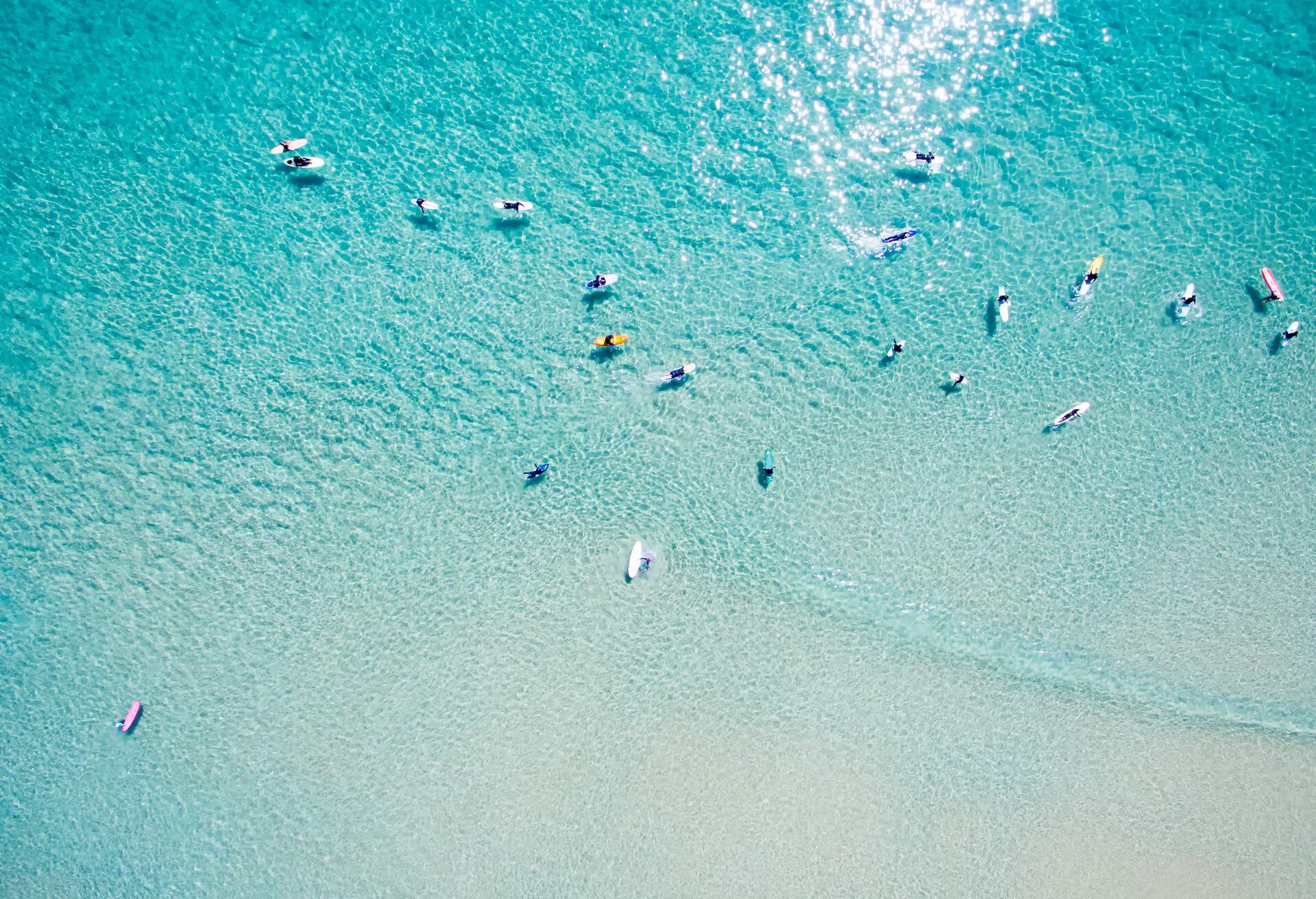 An aerial view of surfers waiting for a wave in the ocean on a clear day; Shutterstock ID 550881790; SF SSA Case with Manager Approval: SF6759285; Job: ; Client/Licensee: ; Other: