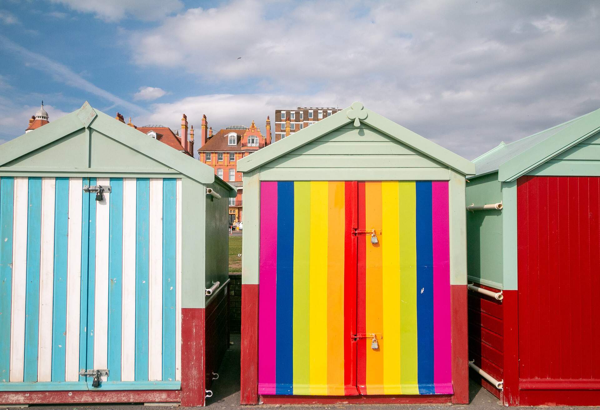 Hove Beach Huts in Brighton & Hove, England. Some of these are hired out for holidays, others are sold and some rented.