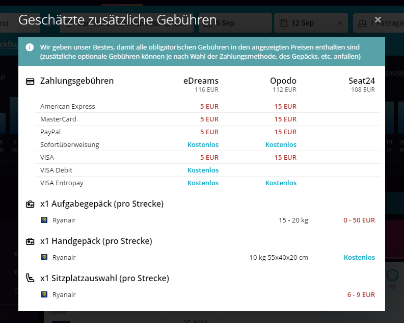 Geschätzte zusätzliche Gebühren bei der Flugsuche mit momondo