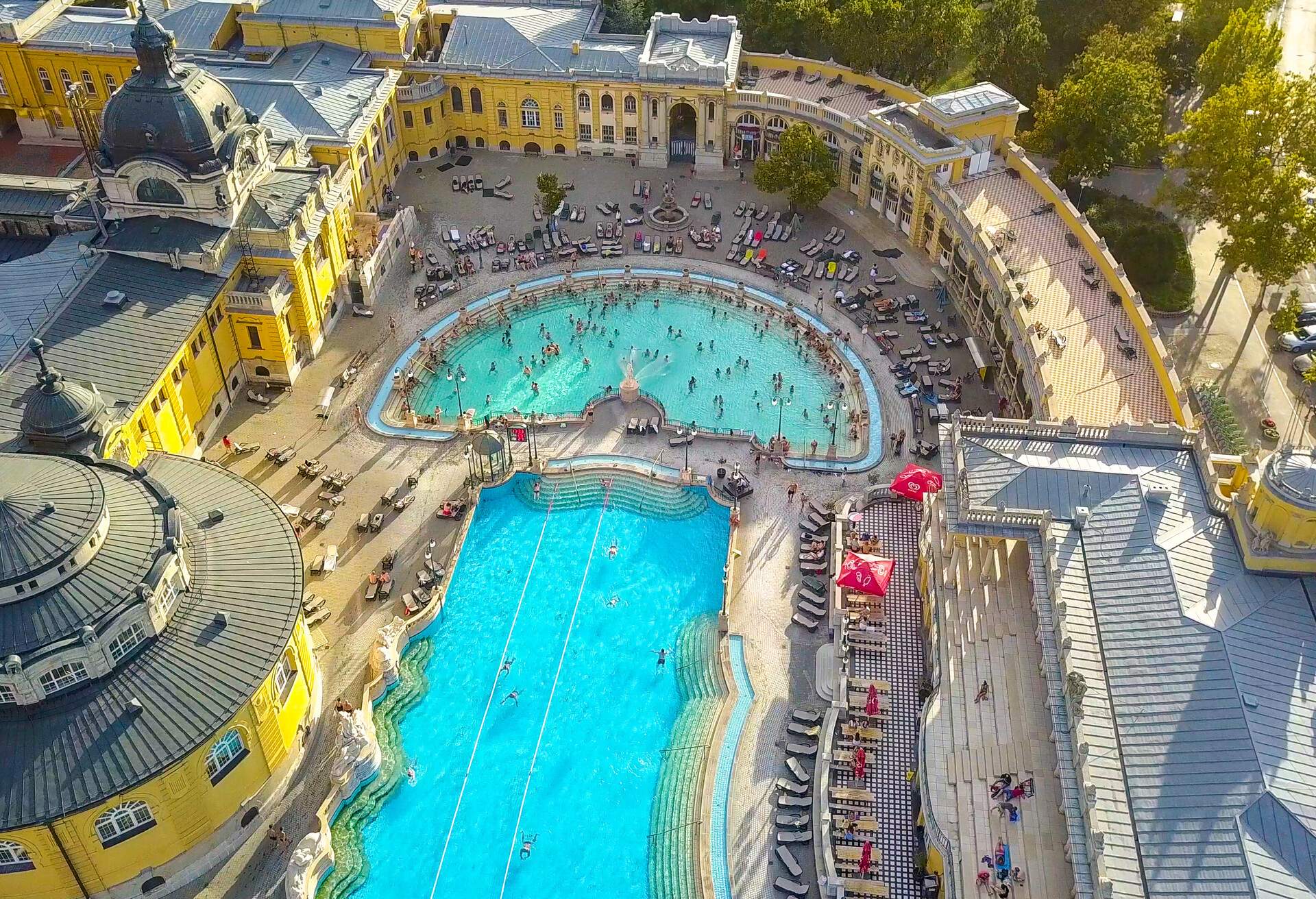 Aerial shot of swimming pool Gellert spa and bath Budapest, Hungary. Aerial view; Shutterstock ID 753224470; Purpose: Blogs; Brand (KAYAK, Momondo, Any): KAYAK, Any