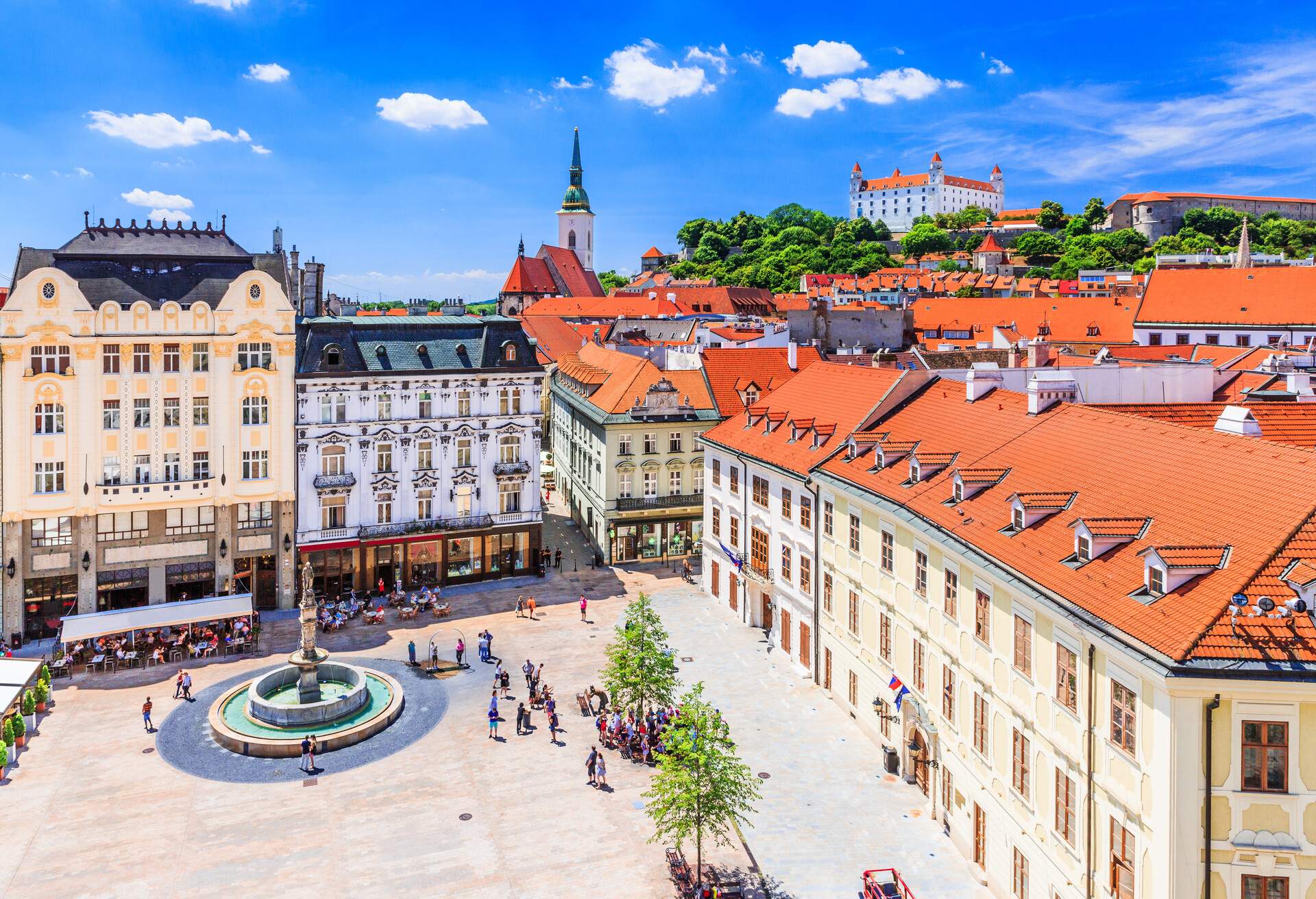 Bratislava, Slovakia. View of the Bratislava castle, main square and the St. Martin's Cathedral. 