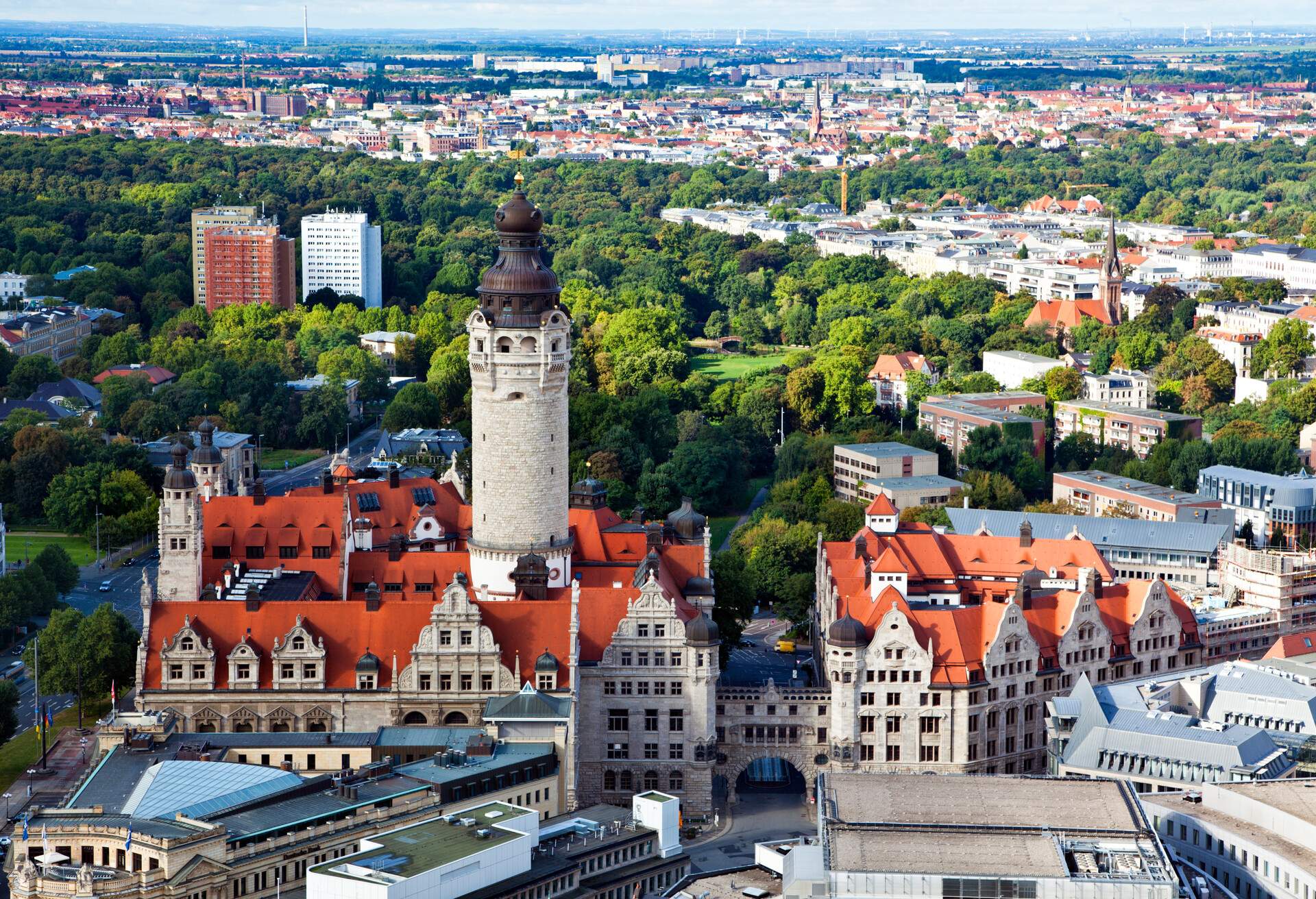 Aerial view of the new town hall and the Johannapark at Leipzig