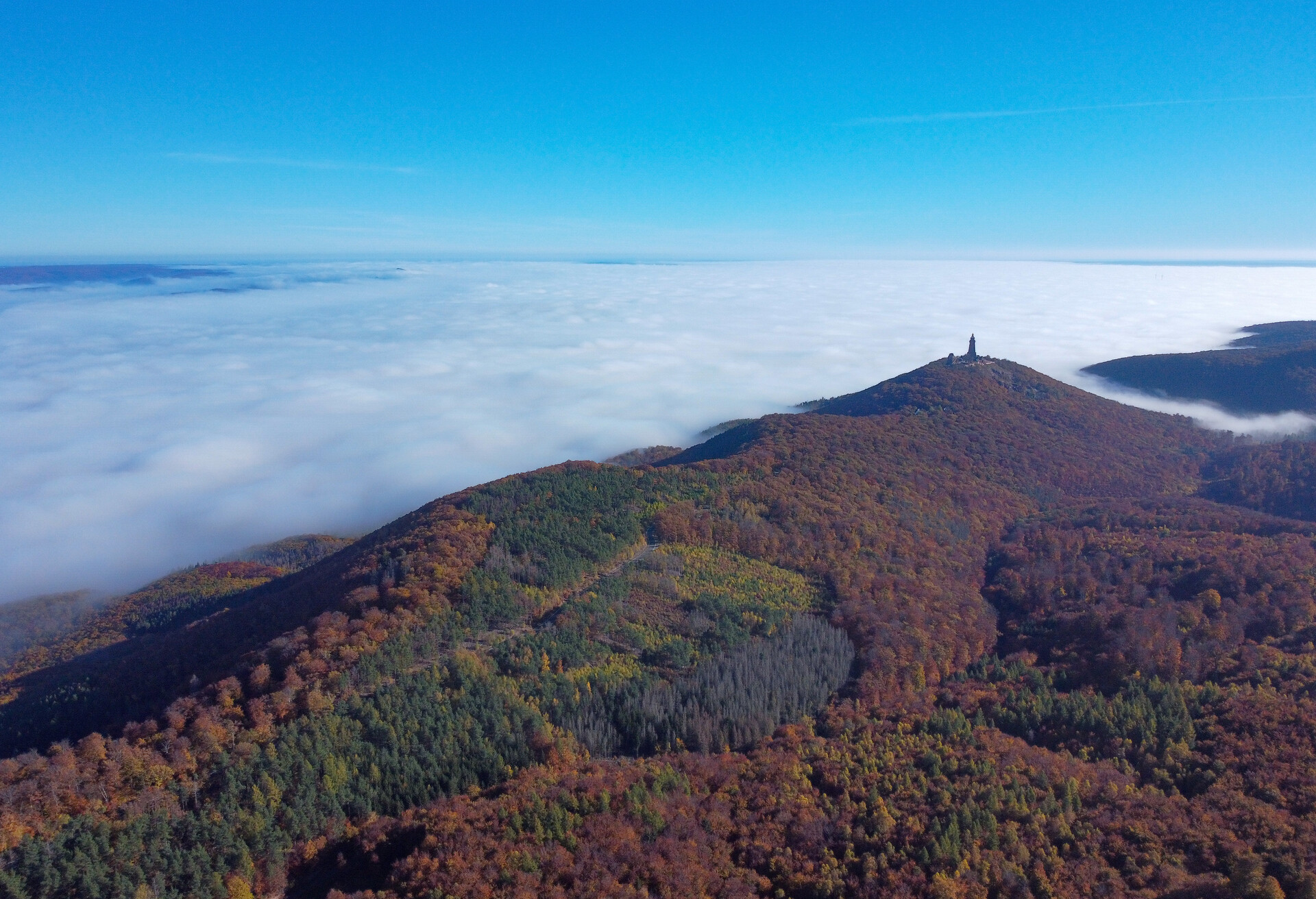 Trees in various shades of autumn cover the mountains and a sea of clouds approaching it.