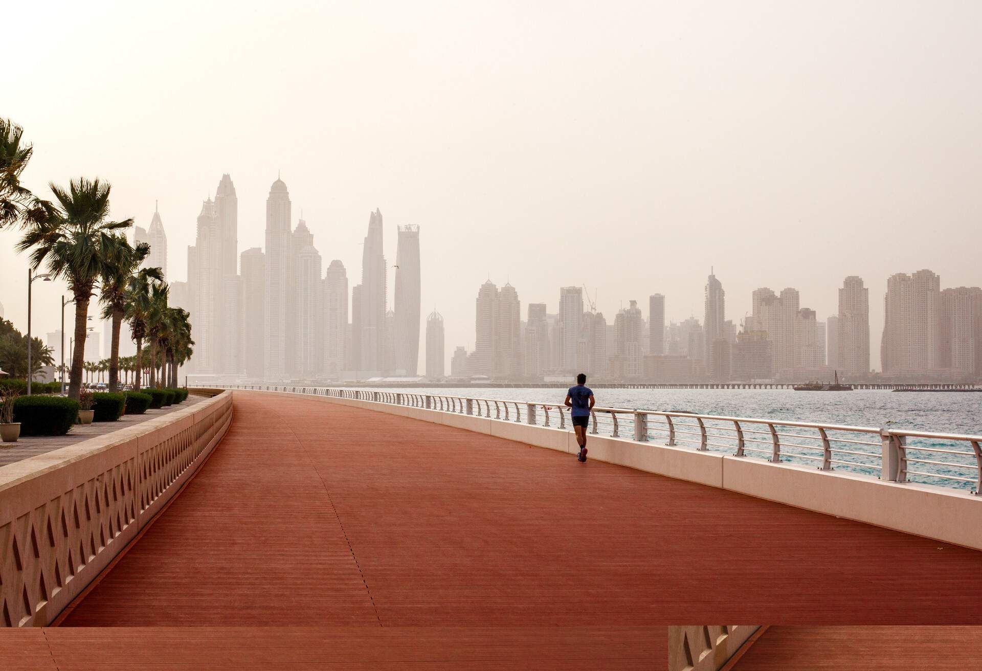 Morning run, a man runs along the road with a beautiful view of Dubai. UAE; Shutterstock ID 1354889051
