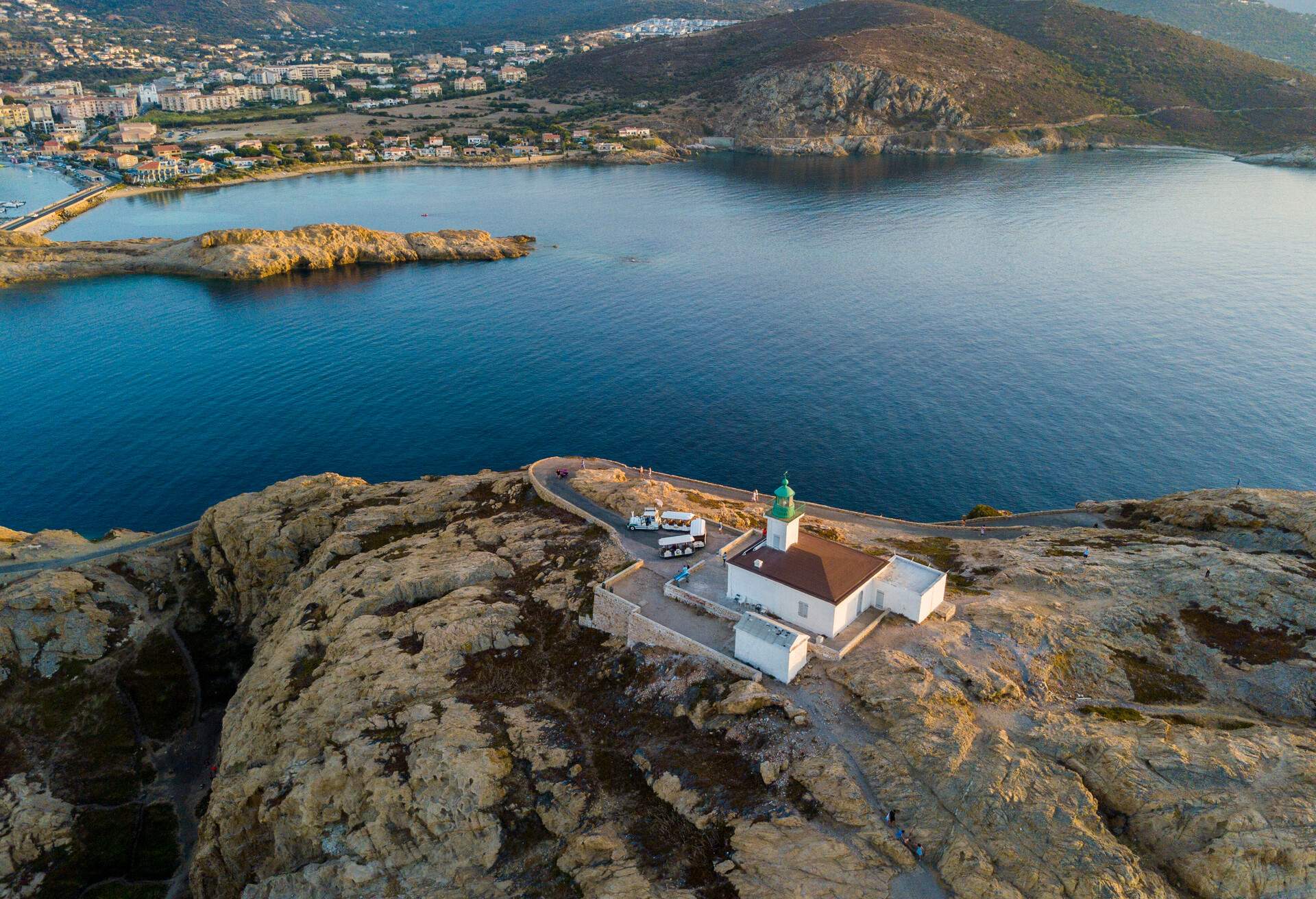 Aerial view of the Pietra Lighthouse at sunset, Ile-Rousse, Red Island Corsica, Corsica, France