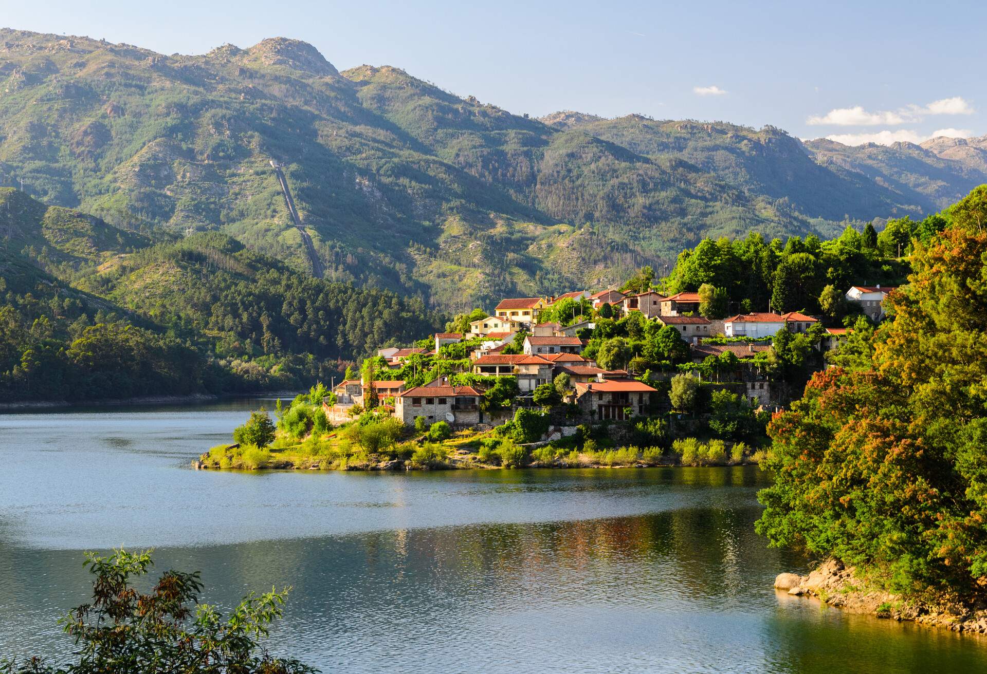 scenic view of Cavado river and Peneda-Geres National Park in northern Portugal.