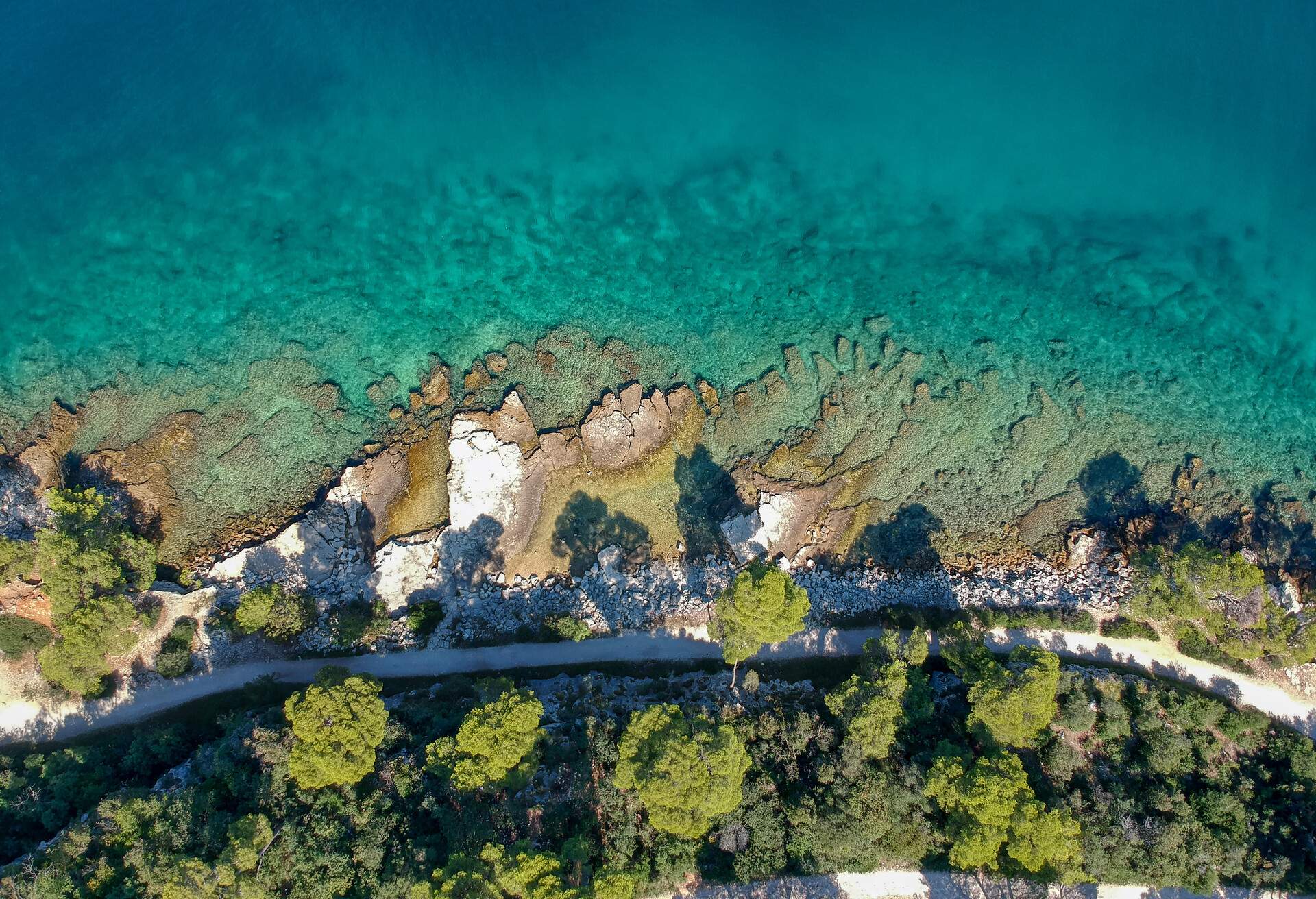 Top down view on the coastline near small town of Rovinj on Istrian peninsula, Croatia.