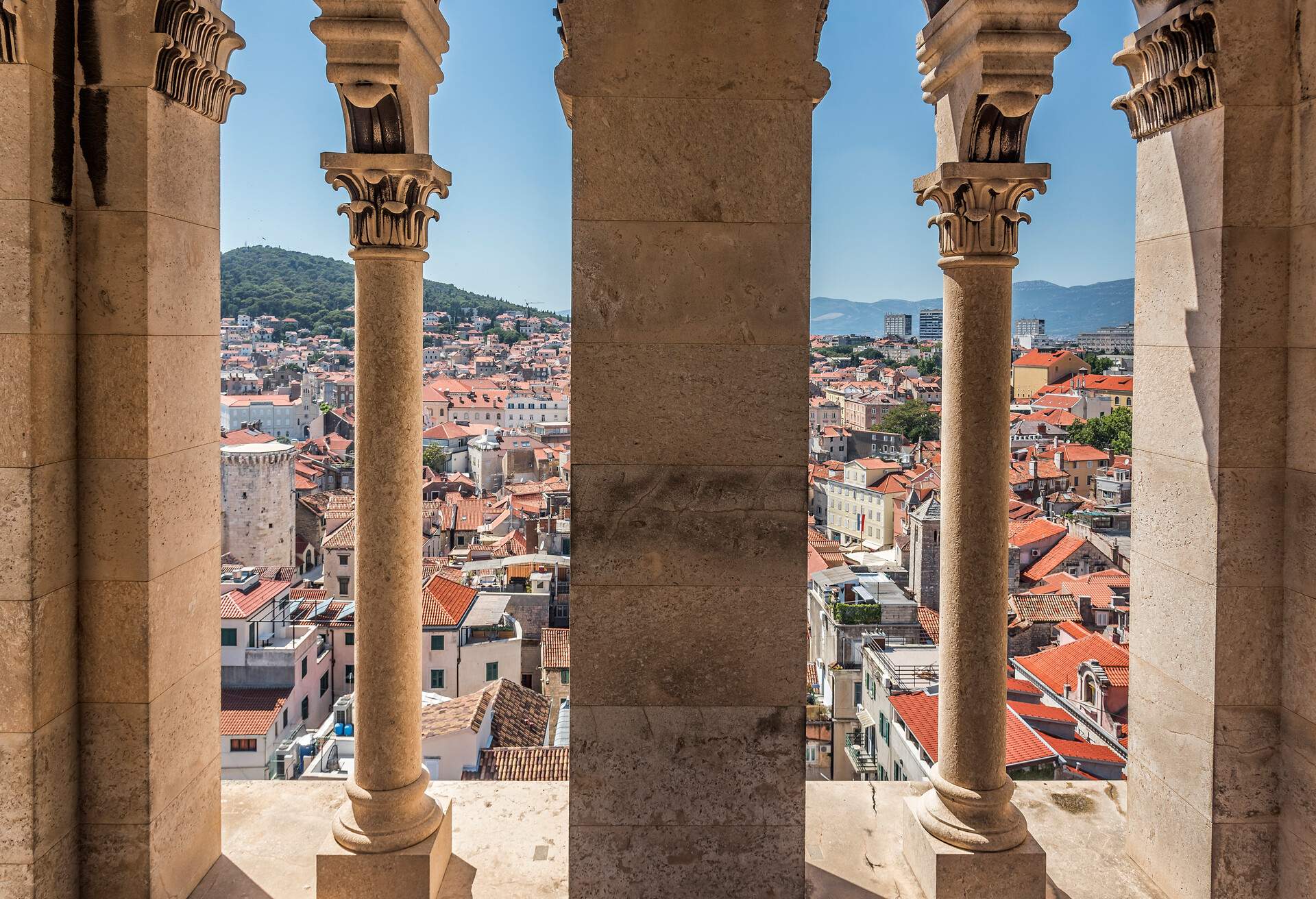 View from the inside of a high ancient tower in the city of Split. Croatia.