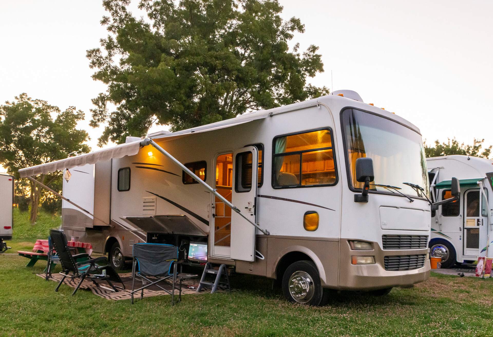 Camping at sunset at a Rv resort