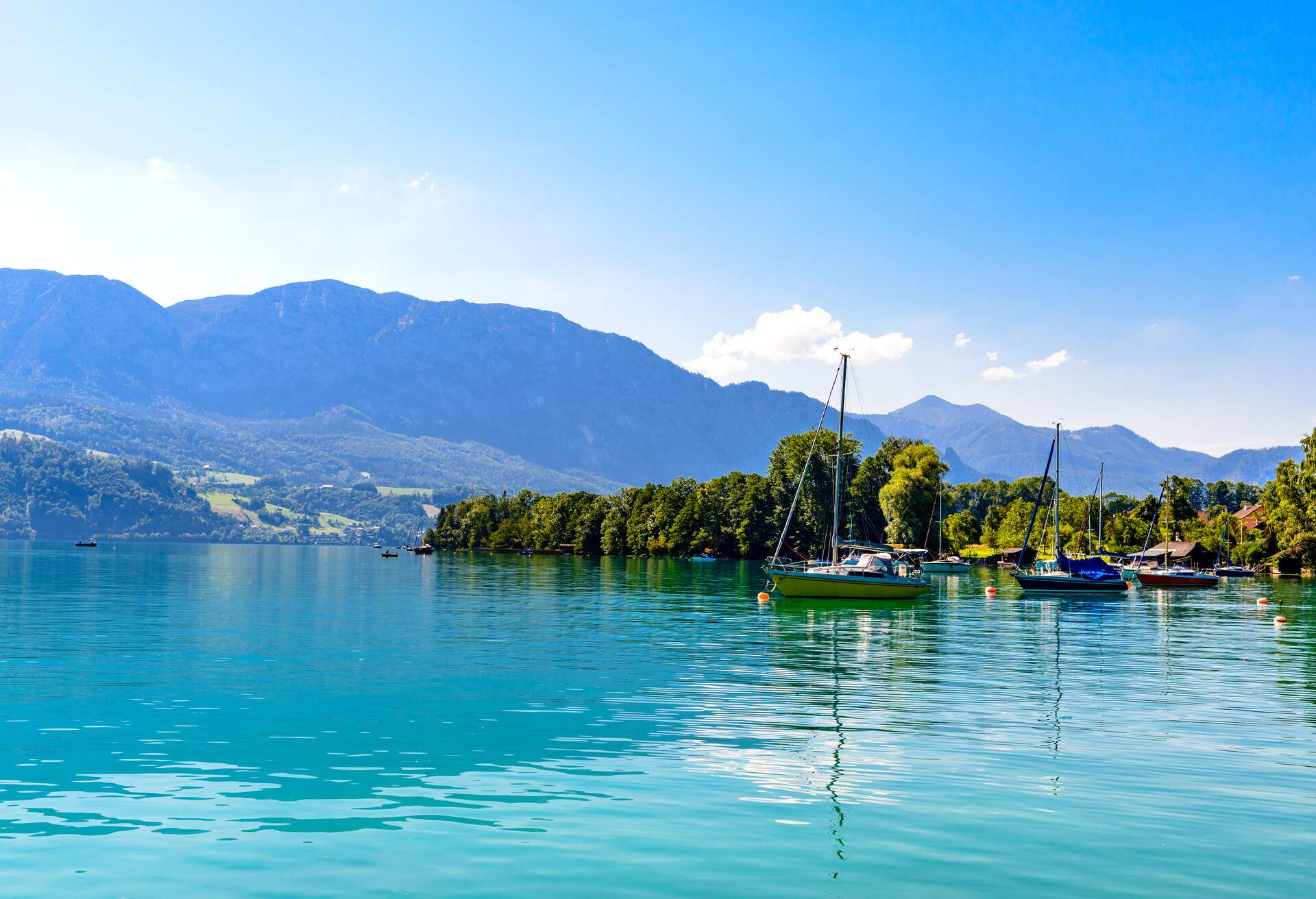 Beautiful view on Attersee lake im Salzkammergut alps mountains, boats, sailboats, sailboat  by in Nussdorf, Zell am Attersee. Upper Austria, nearby Salzburg.; Shutterstock ID 1491081023