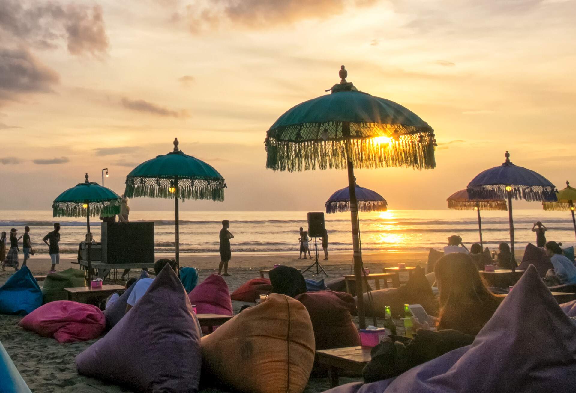 Sunset scene of Seminyak Beach Bali, Indonesia. Features a relaxed coastal ambiance.
