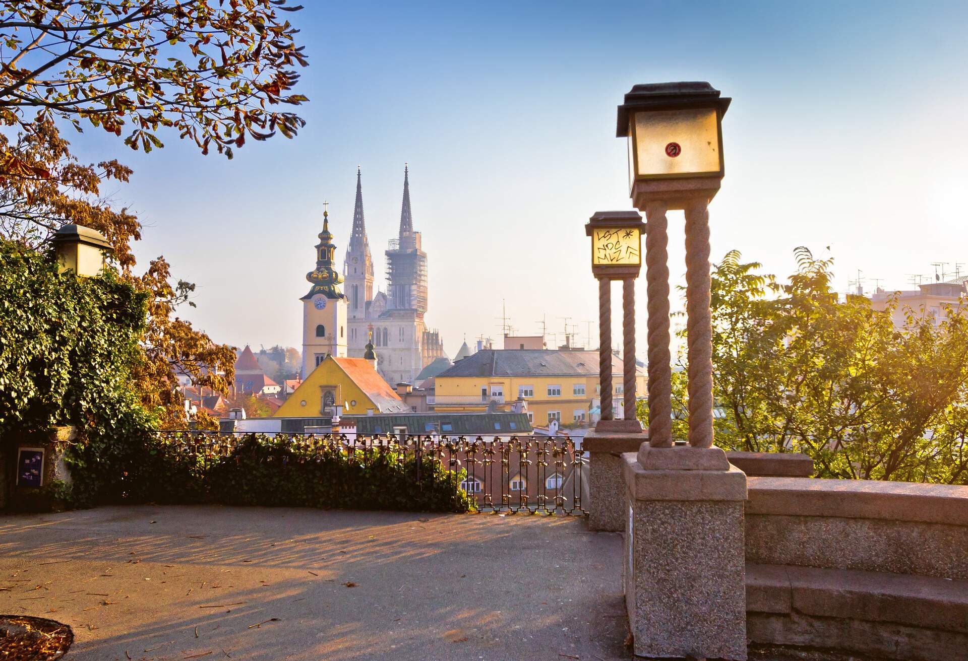 Historic Zagreb towers sunrise view, capital of Croatia