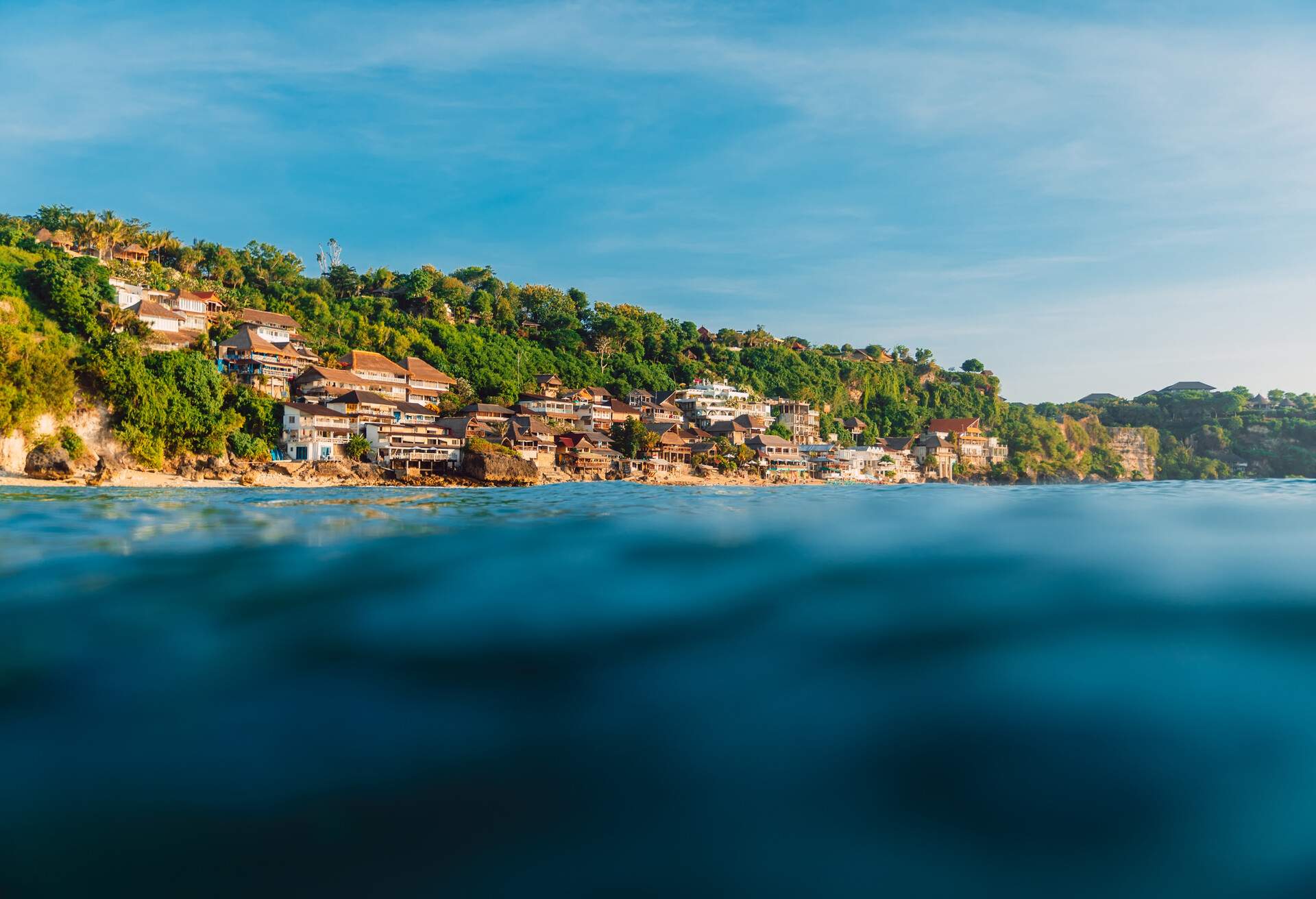 View from water on Bingin beach at Bali island