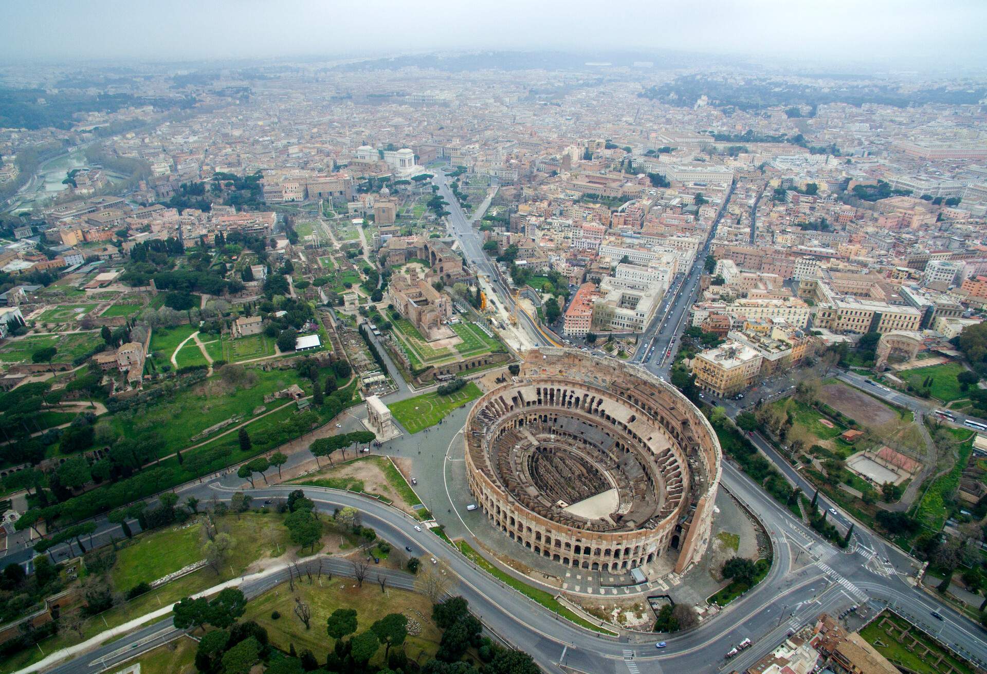 Aerial shot of the Colosseum in Rome, Italy