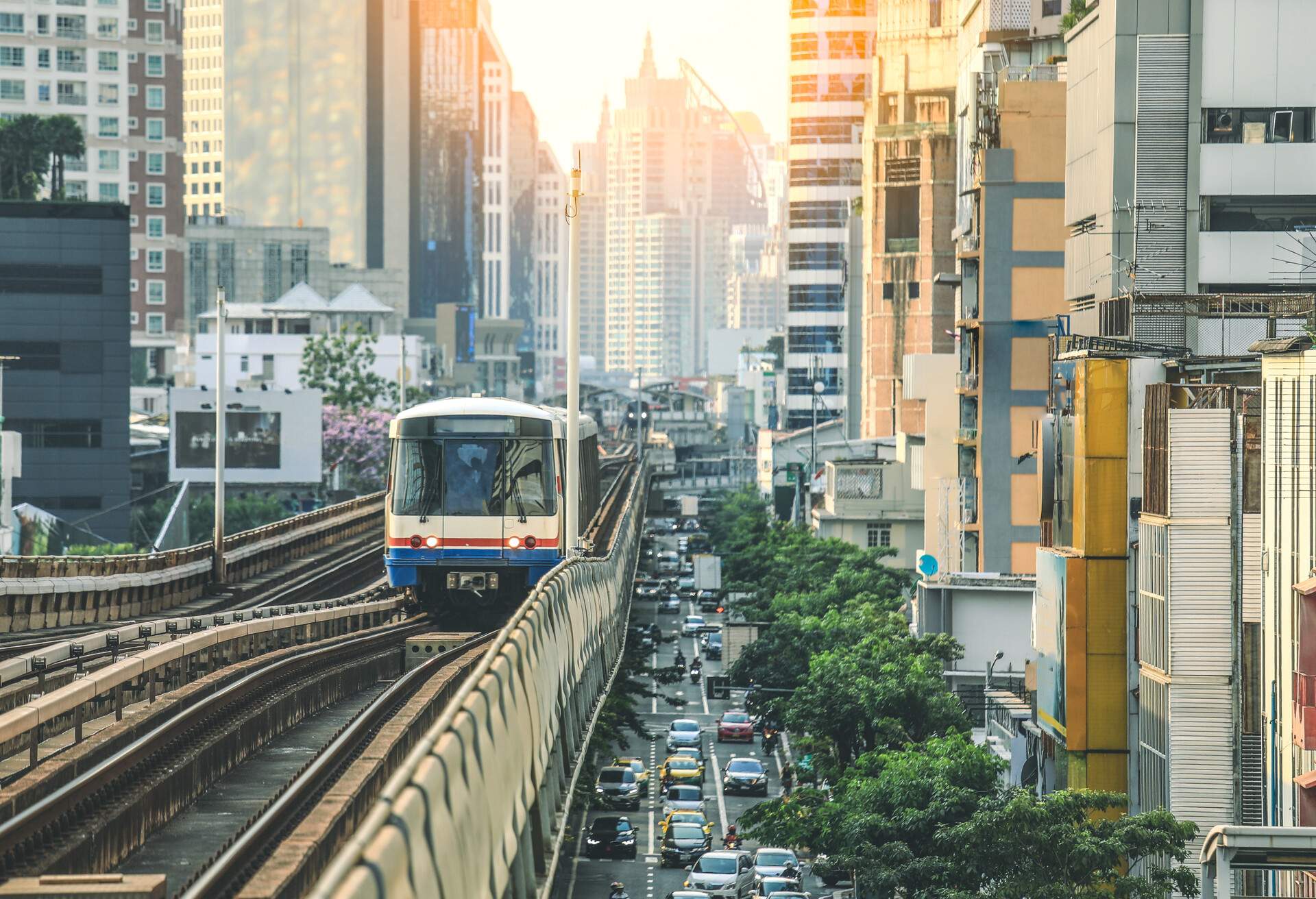 BTS Sky Train is running in downtown of Bangkok.  Sky train is fastest transport mode in Bangkok; Shutterstock ID 1060013162; Purchase Order: SF-06928905; Job: ; Client/Licensee: ; Other: