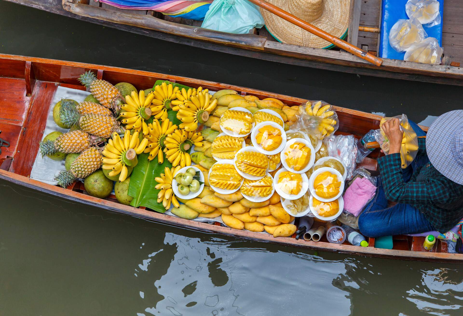 Long-tail boat with fruits on the floating market, Ha long bay, Vietnam