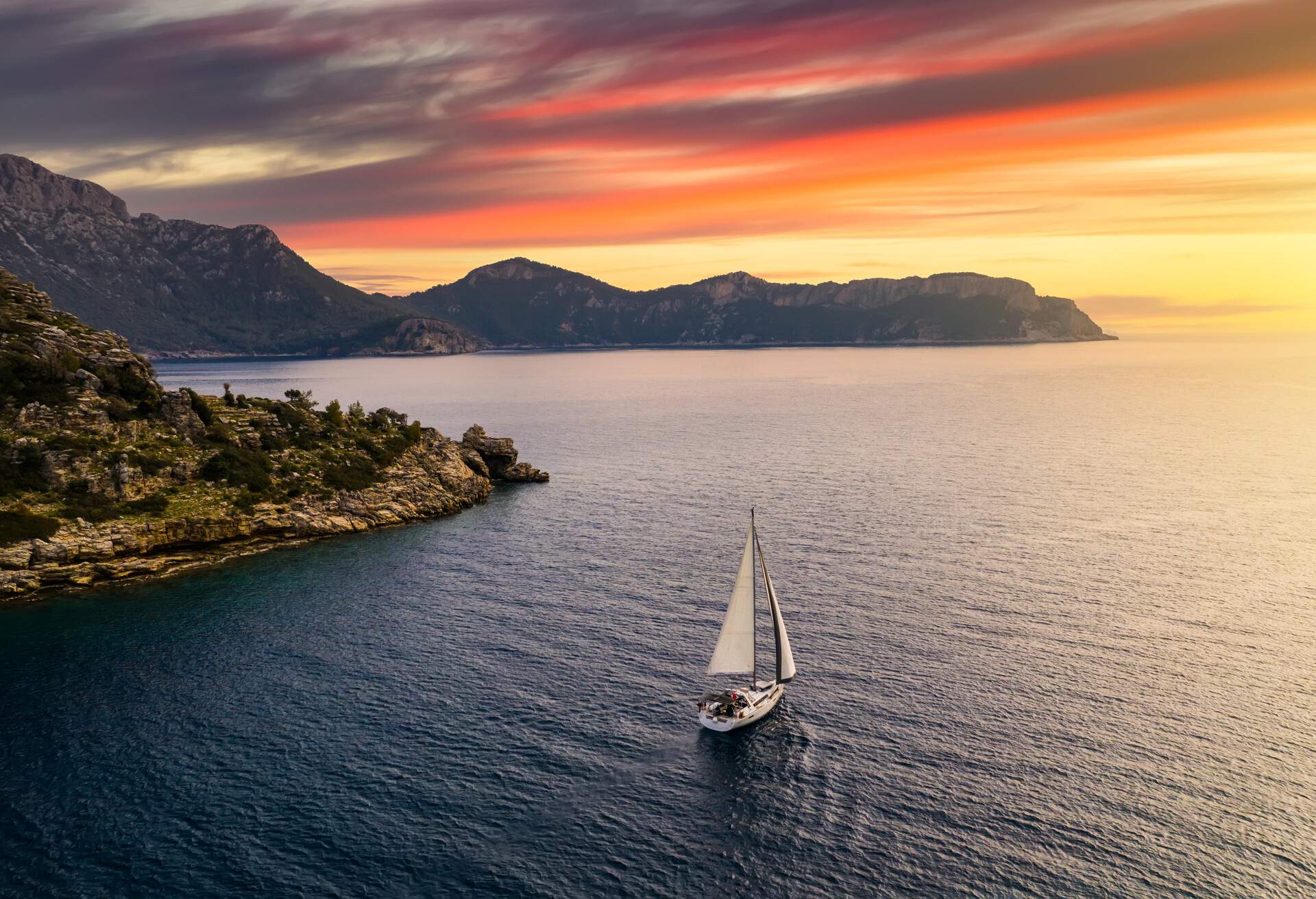 Yachting in Turkey, luxury vacation at sea. Rocky coast of Turkey near Bodrum