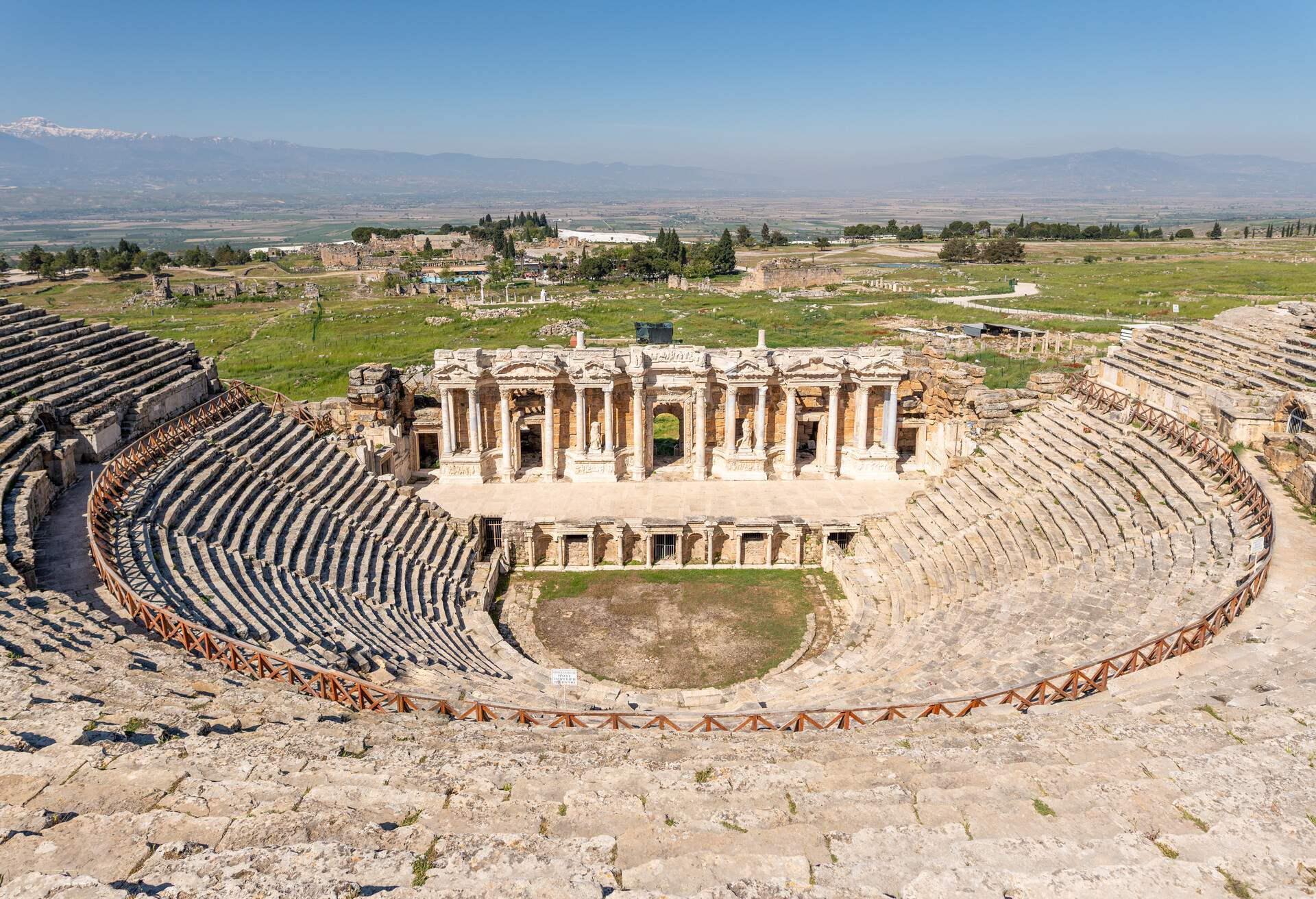 Hierapolis, Pamukkale, Turkey. Roman Theatre with no people and blue sky