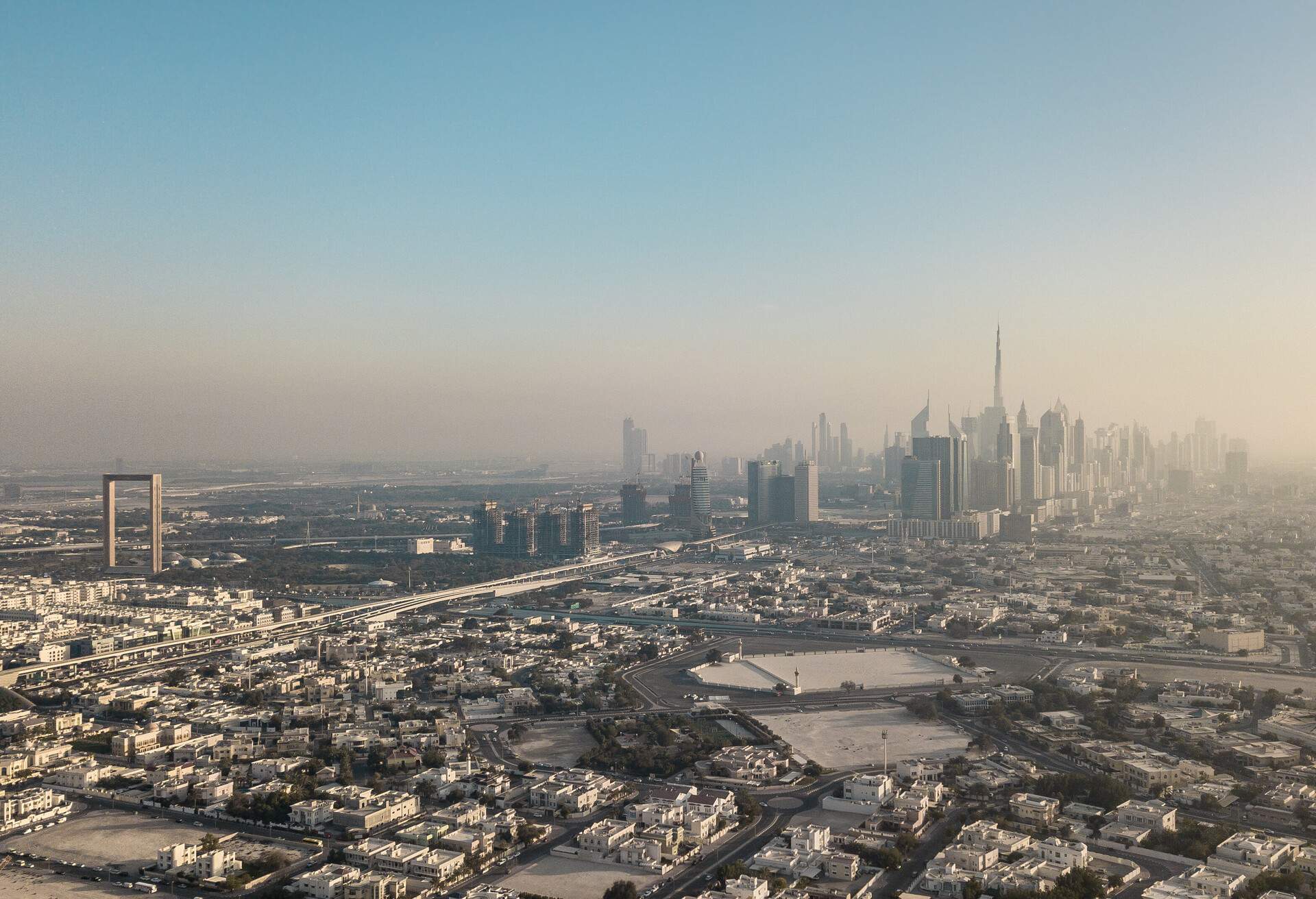 Aerial view of Dubai city before sunset