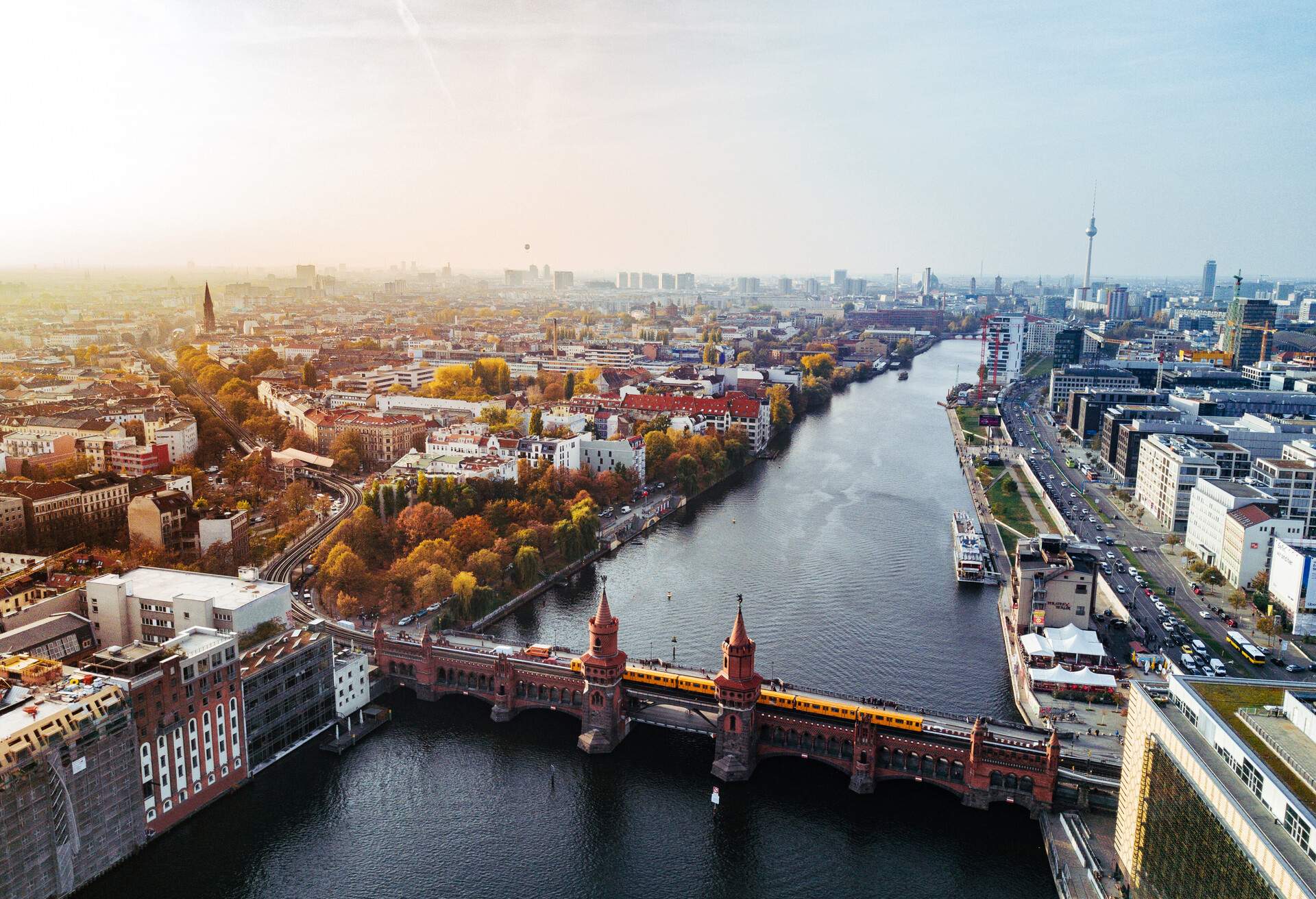 Modern architecture in Berlin, Germany near Oberbaum bridge and daily life from high point of view