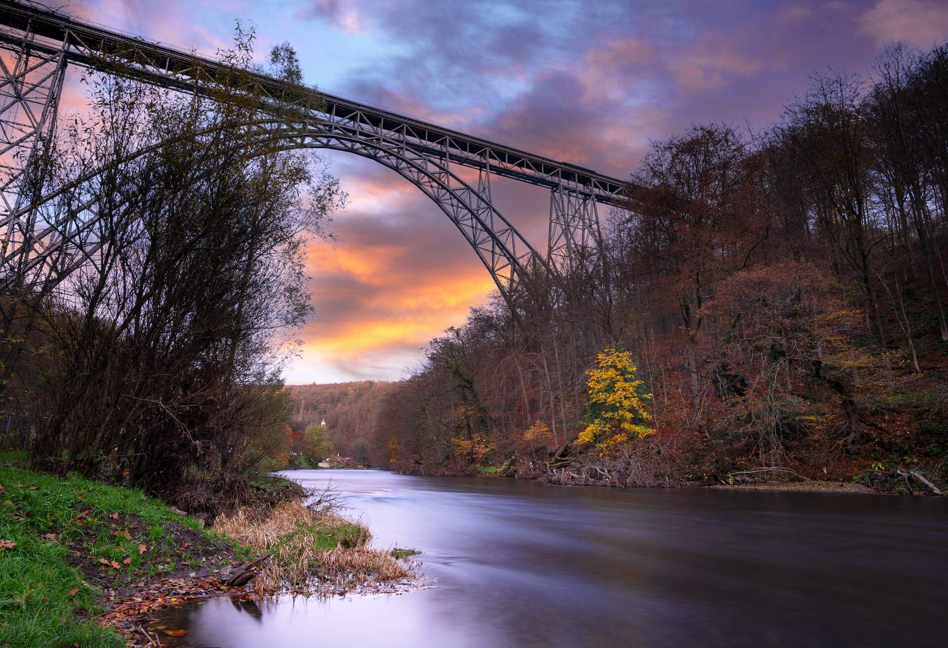 Panoramic image of landmark Mungstener Bridge at sunset, Bergisches Land, Solingen, Germany