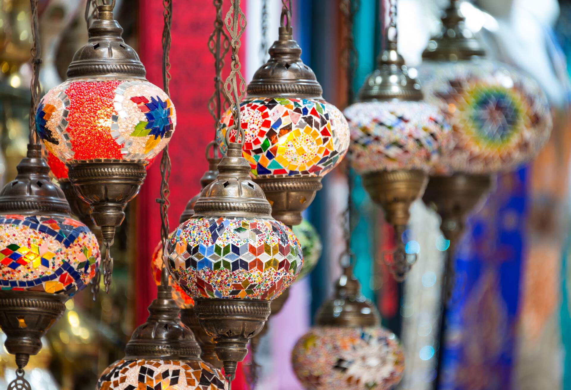 Closeup image of beautiful lanterns for sale in Bur Dubai Souk, Bur Dubai, Dubai Creek, Dubai, United Arab Emirates