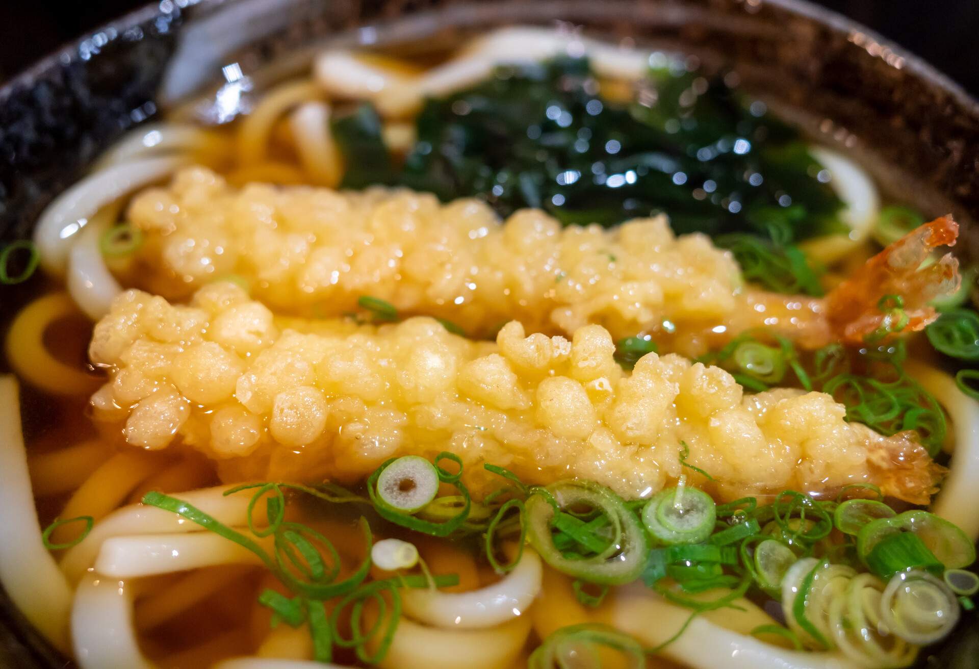 Close up top view, Tempura Udon noodle soup.