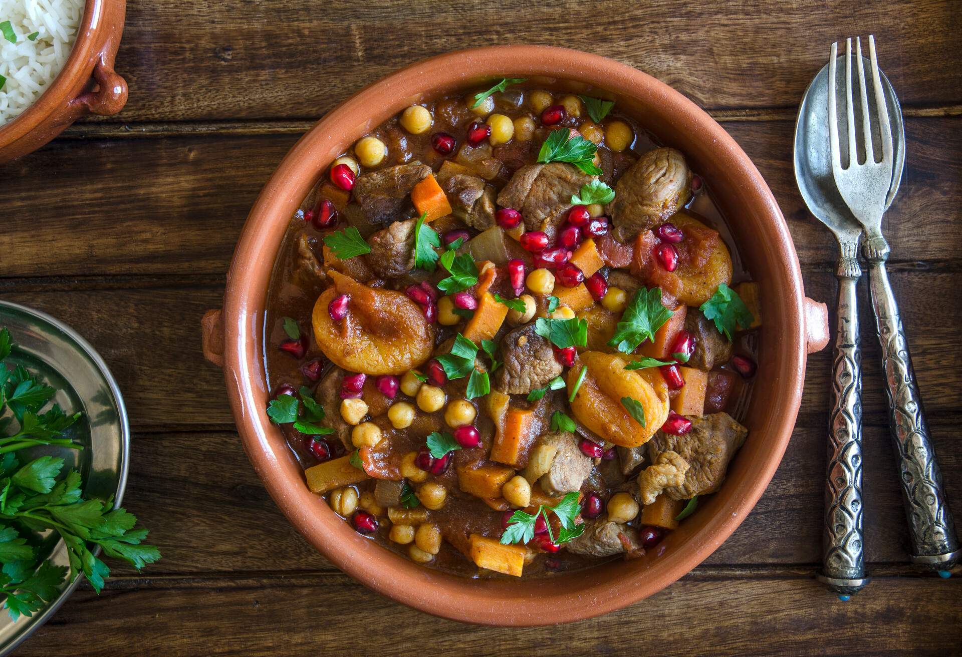 Lamb tagine with chickpeas, apricots and pomegranate seeds