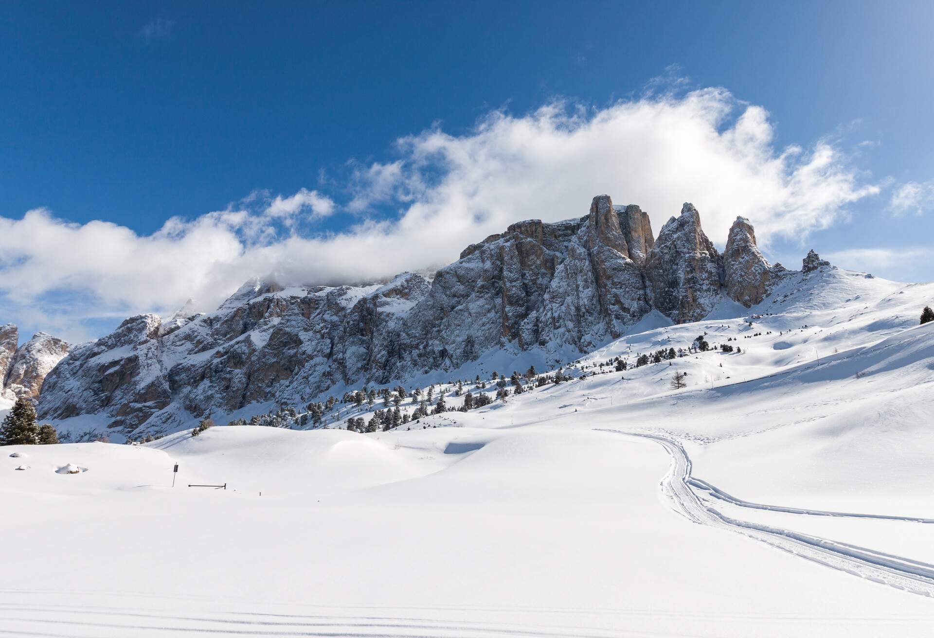 View of the Sella Group with snow in the Italian Dolomites