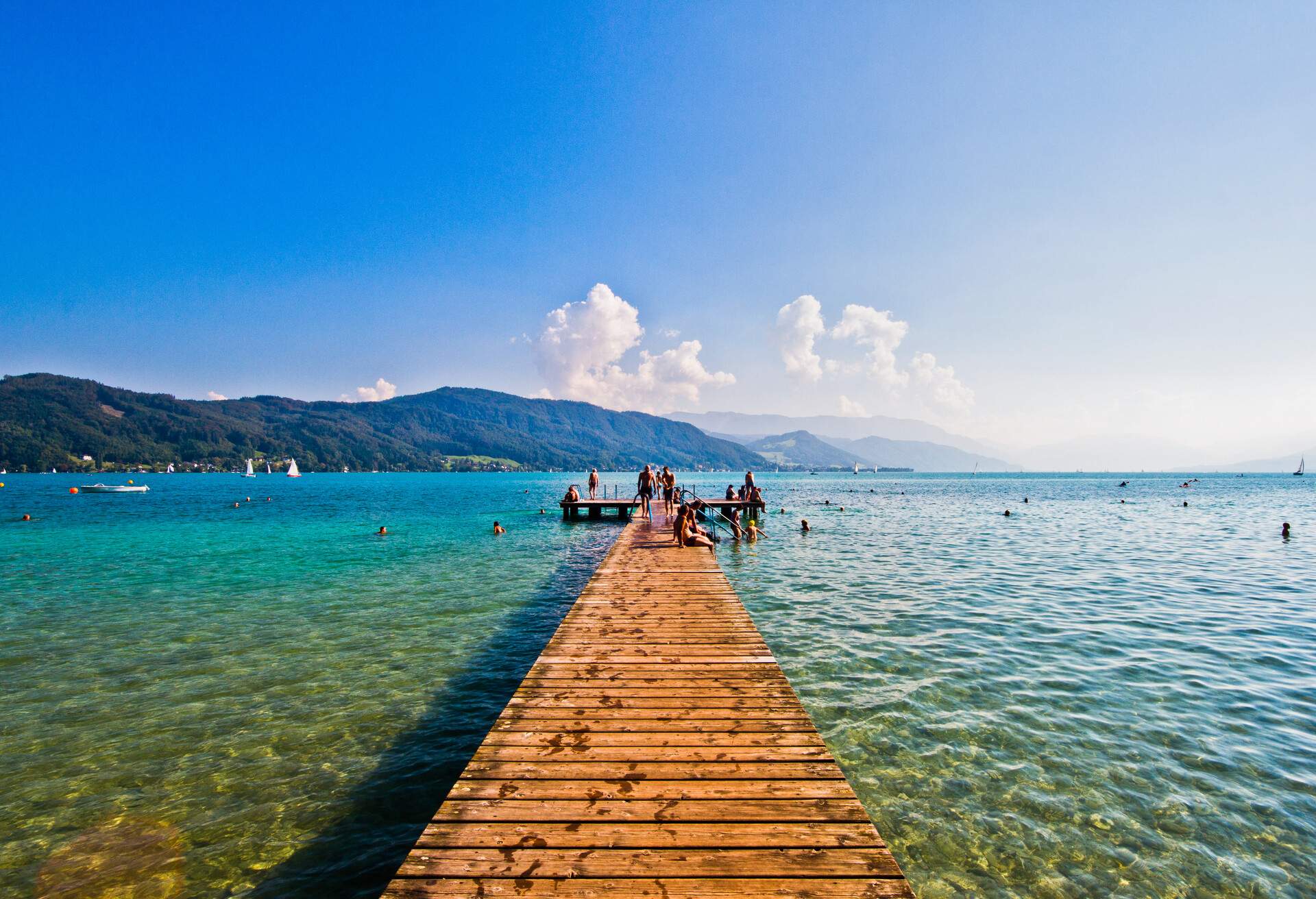 Lake Attersee in the Austrian Alps in the Salzburg region. Mountain Lake on a summer sunny day