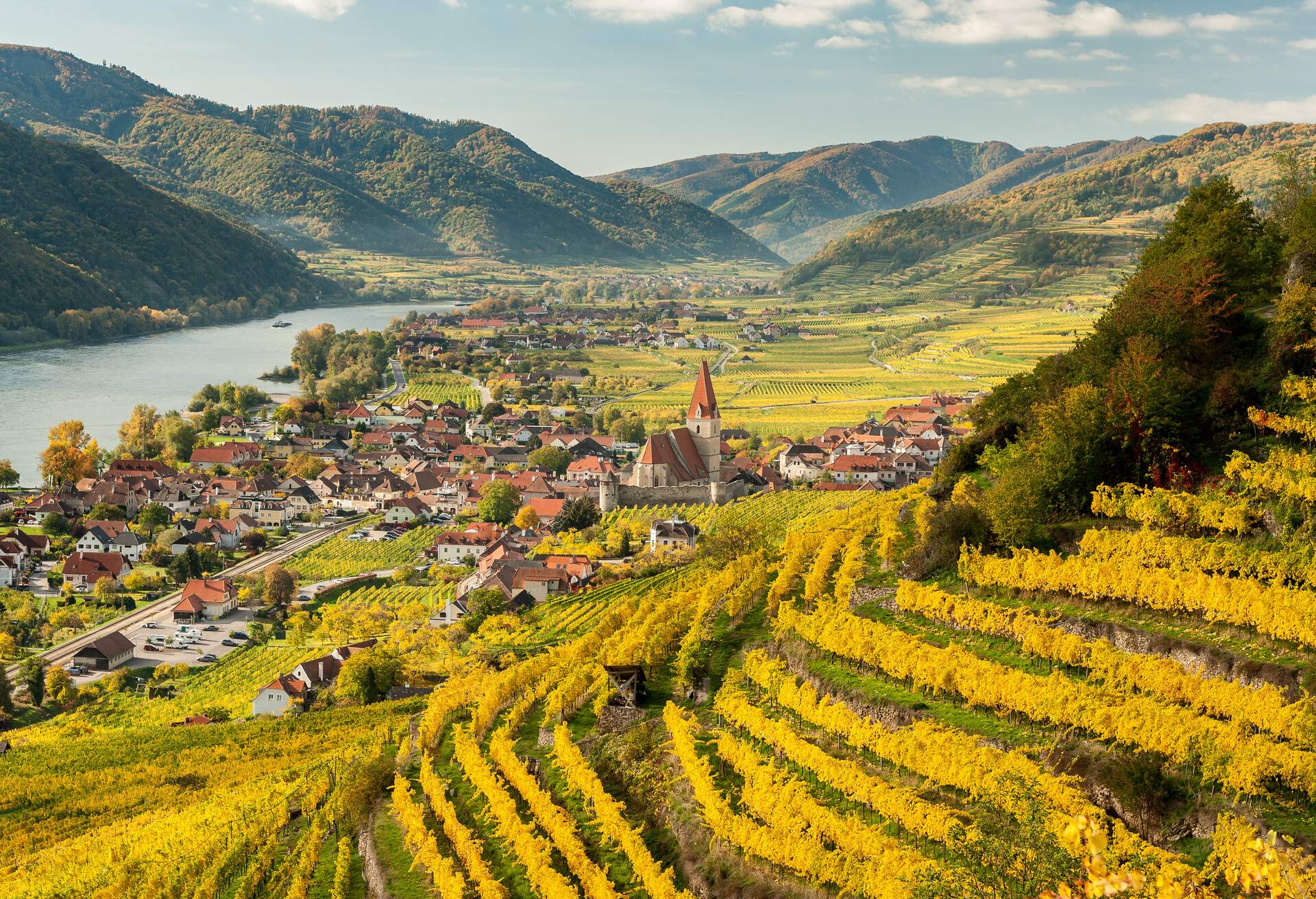 Weissenkirchen Wachau Austria in autumn colored leaves and vineyards on a sunny day