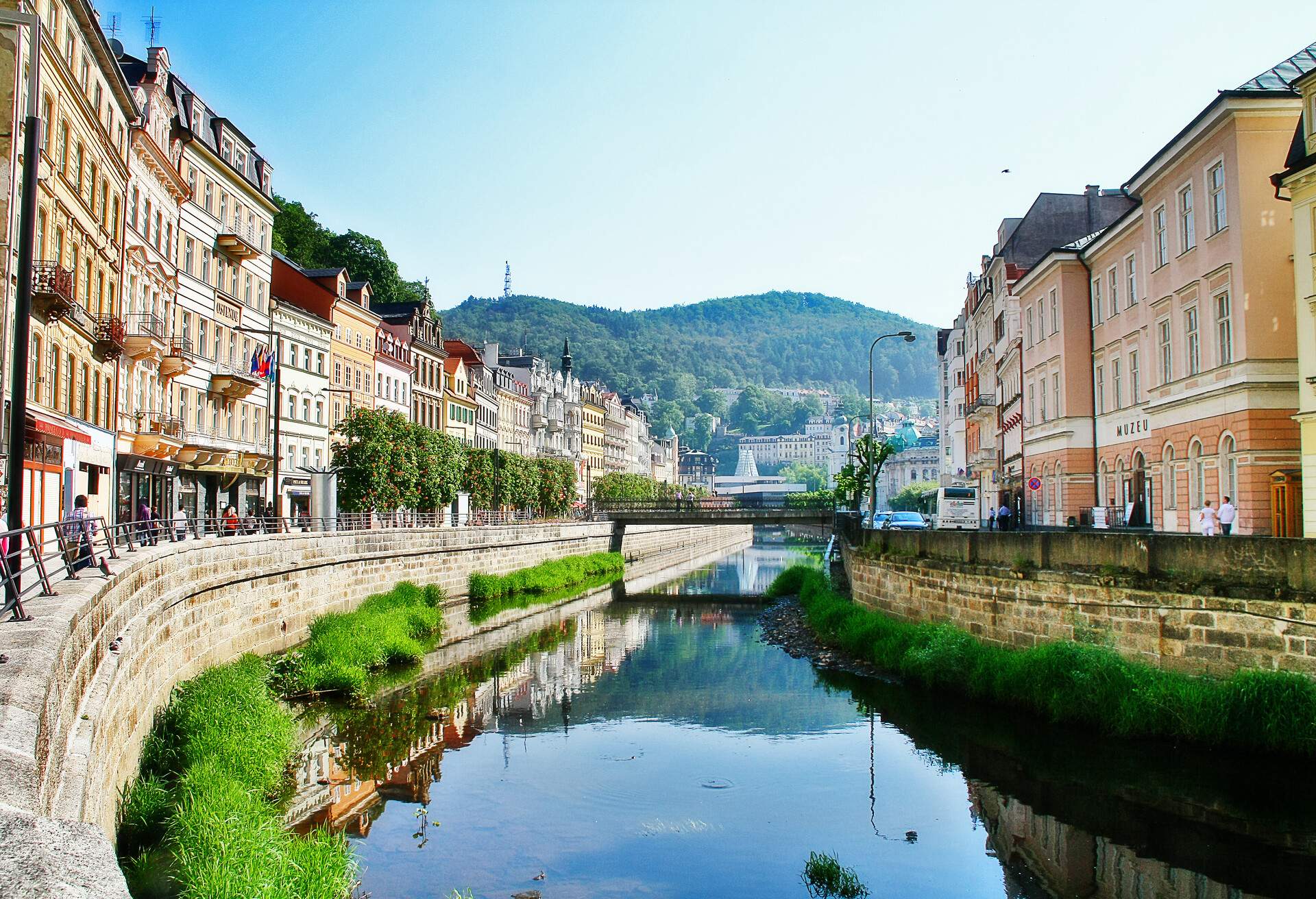 Cityscape of Karlovy Vary (Carlsbad) with Tepla river, Czech Republic, Bohemia region.