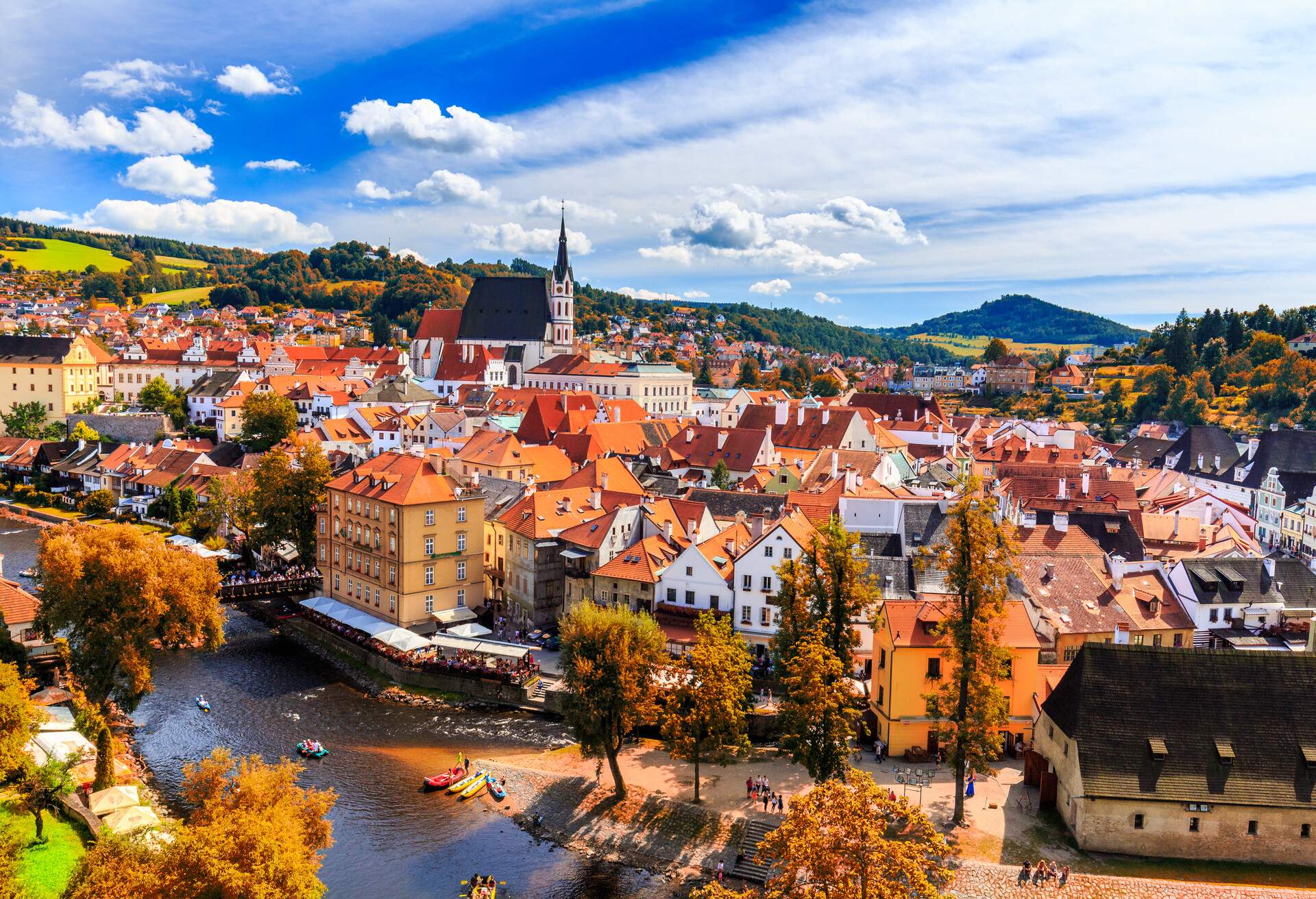 Autumn view with red foliage on the Cesky Krumlov, Czech Republic. UNESCO World Heritage Site.