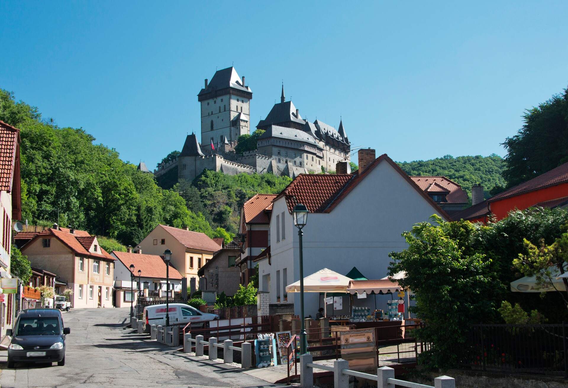 Czech Republic, Central Bohemian Region, Karlstejn Castle or Karlstein. It  is a large Gothic castle founded 1348 AD by Charles IV, Holy Roman Emperor-elect and King of Bohemia.