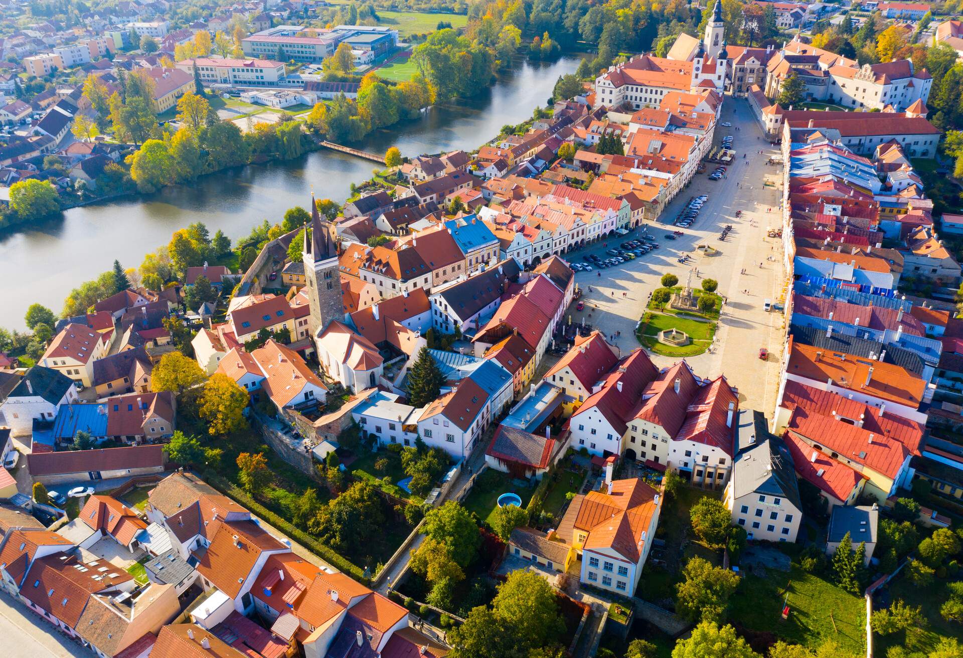 Aerial landscape of small czech town of Telc with famous Main Square (UNESCO World Heritage Site) in autumn day