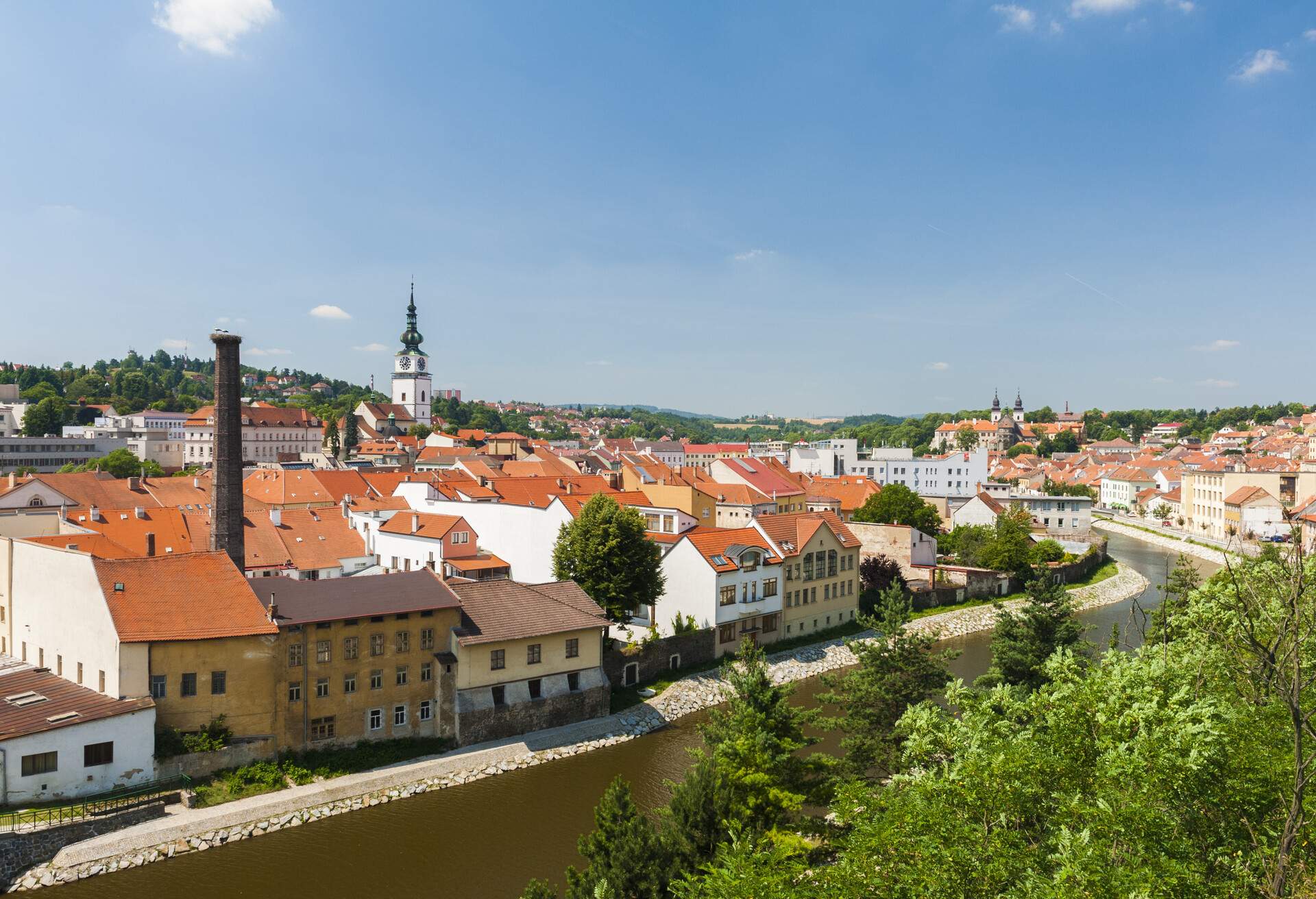 Town of Trebic located in Moravia in the Eastern Czech Republic. City Centre and river Jihlava seen from above