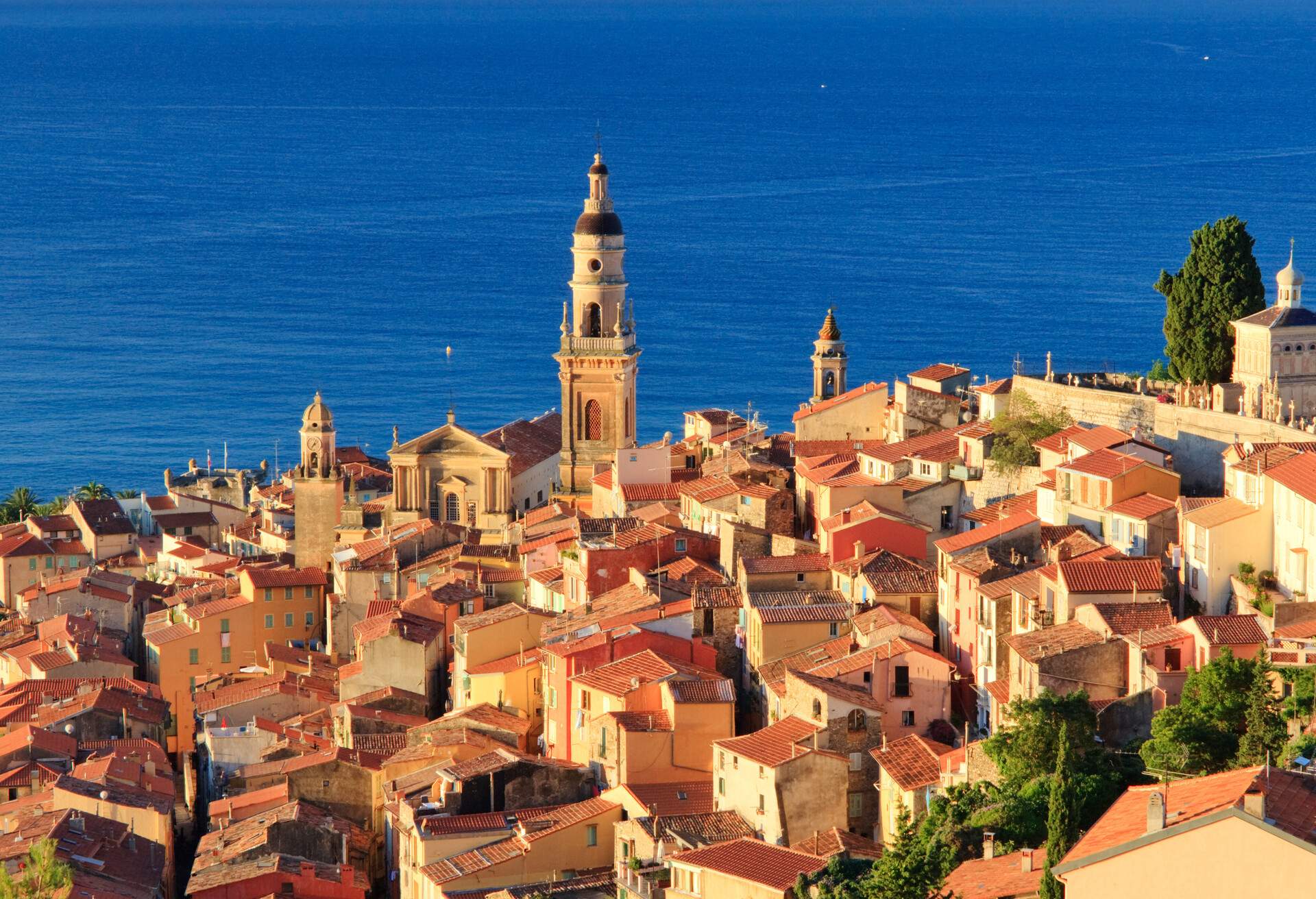 High angle of small town of Menton, overlooking the mediterranean sea. Cote d'Azur, French Riviera, France.