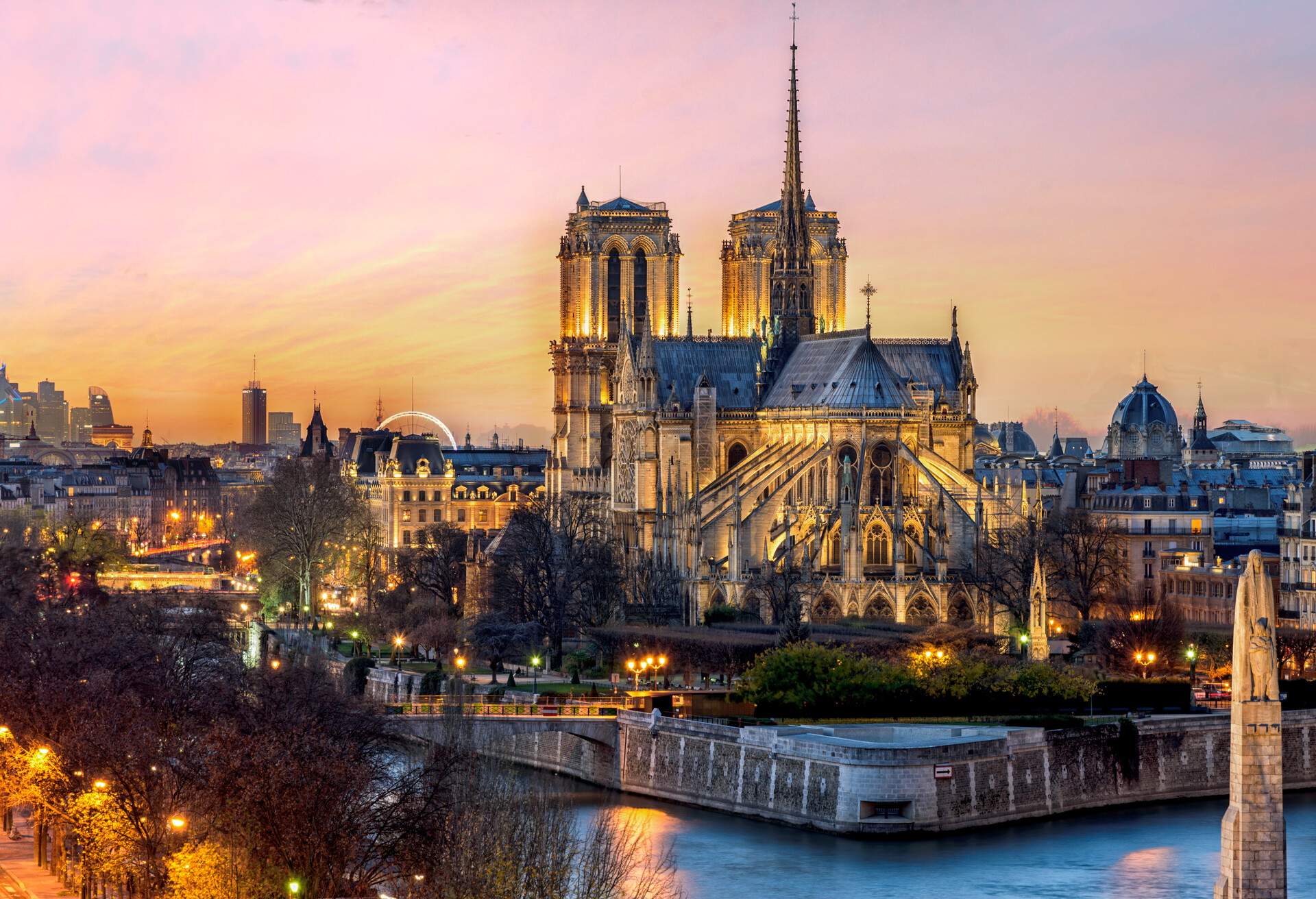 Bird view of the cathedrol Notre de Paris sunset in Paris, France