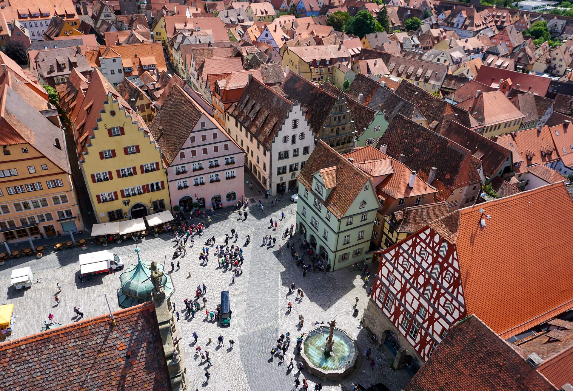 View of the main square from town hall tower in Rothenburg ob der Tauber