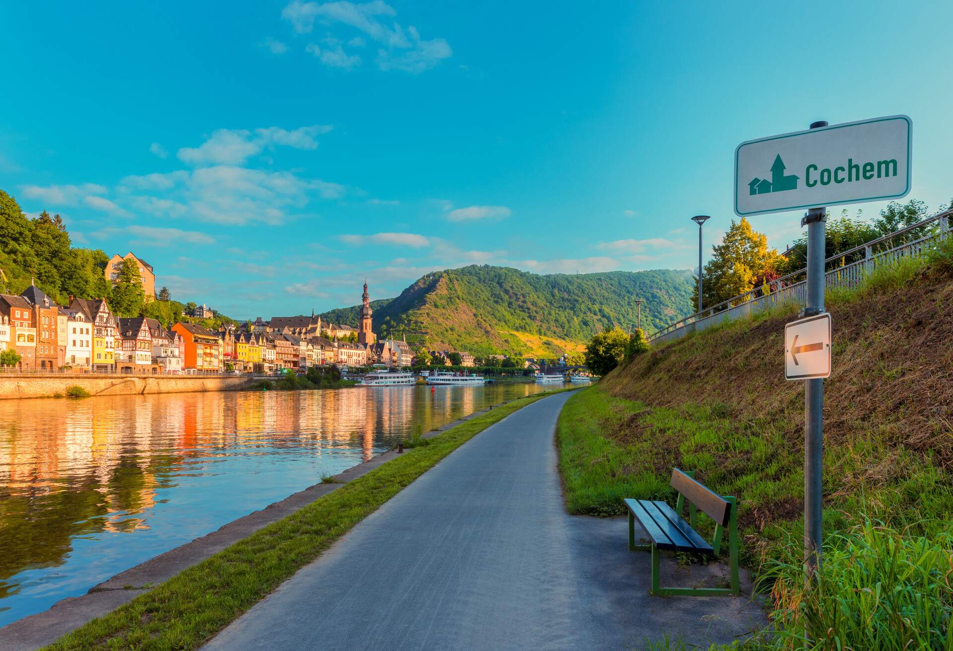 Footpath along Mosel River in Cochem Germany around Sunrise