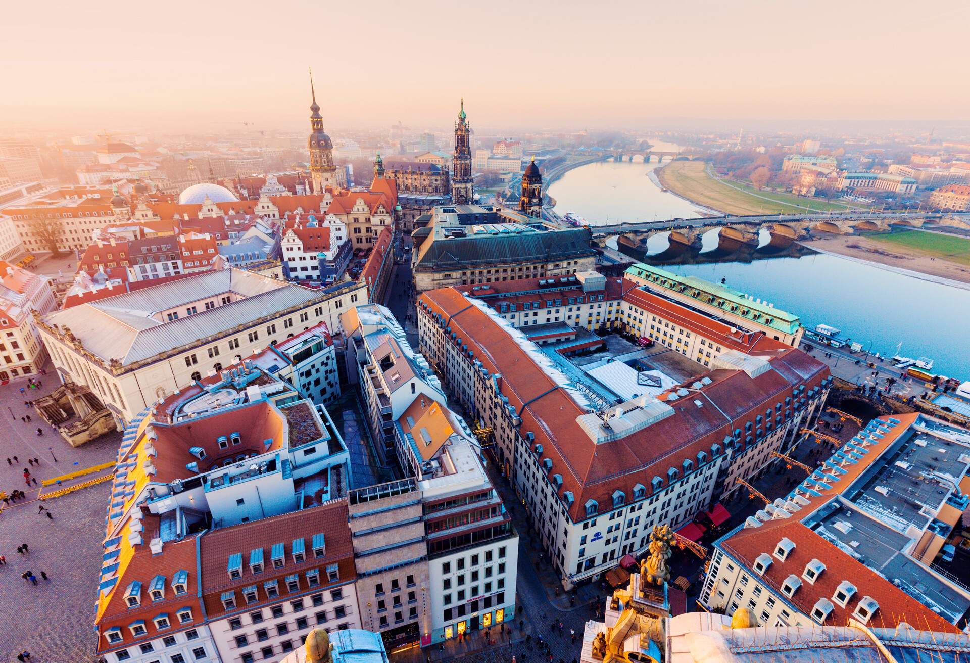 Aerial panorama of Dresden at sunset. .Dresden, Saxony, Germany.
