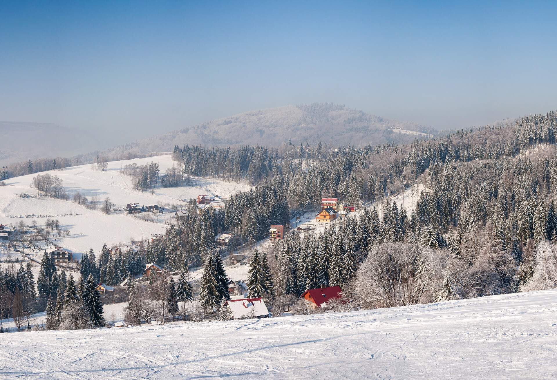 Mountain winter landscape of Beskid Slaski in Poland