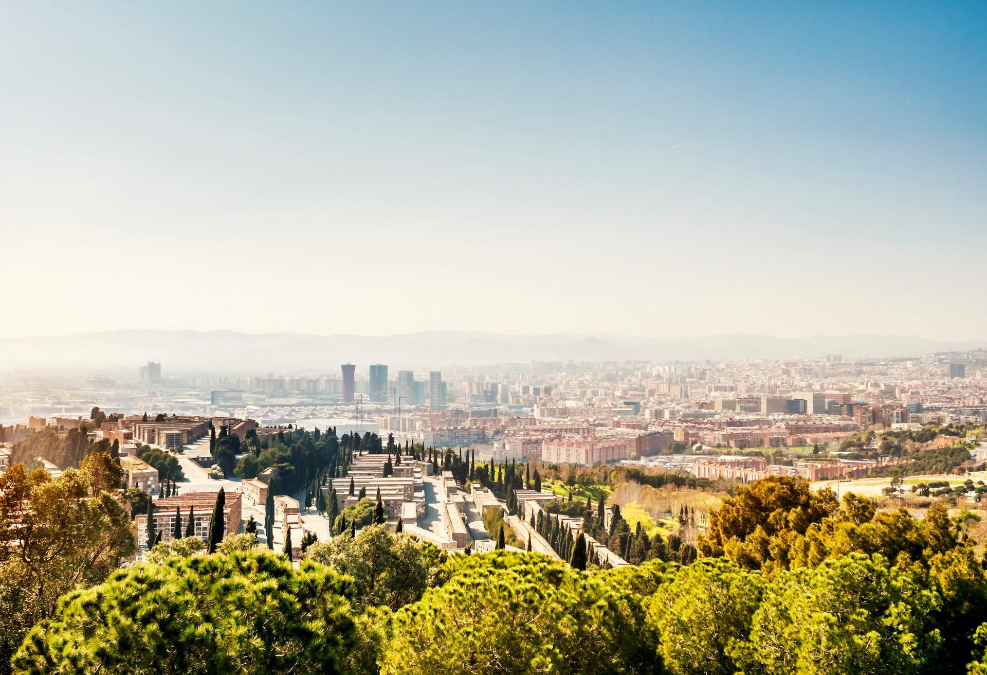 A cemetery located on Montjuic. In the background Barcelona during a sunny springtime afternoon.