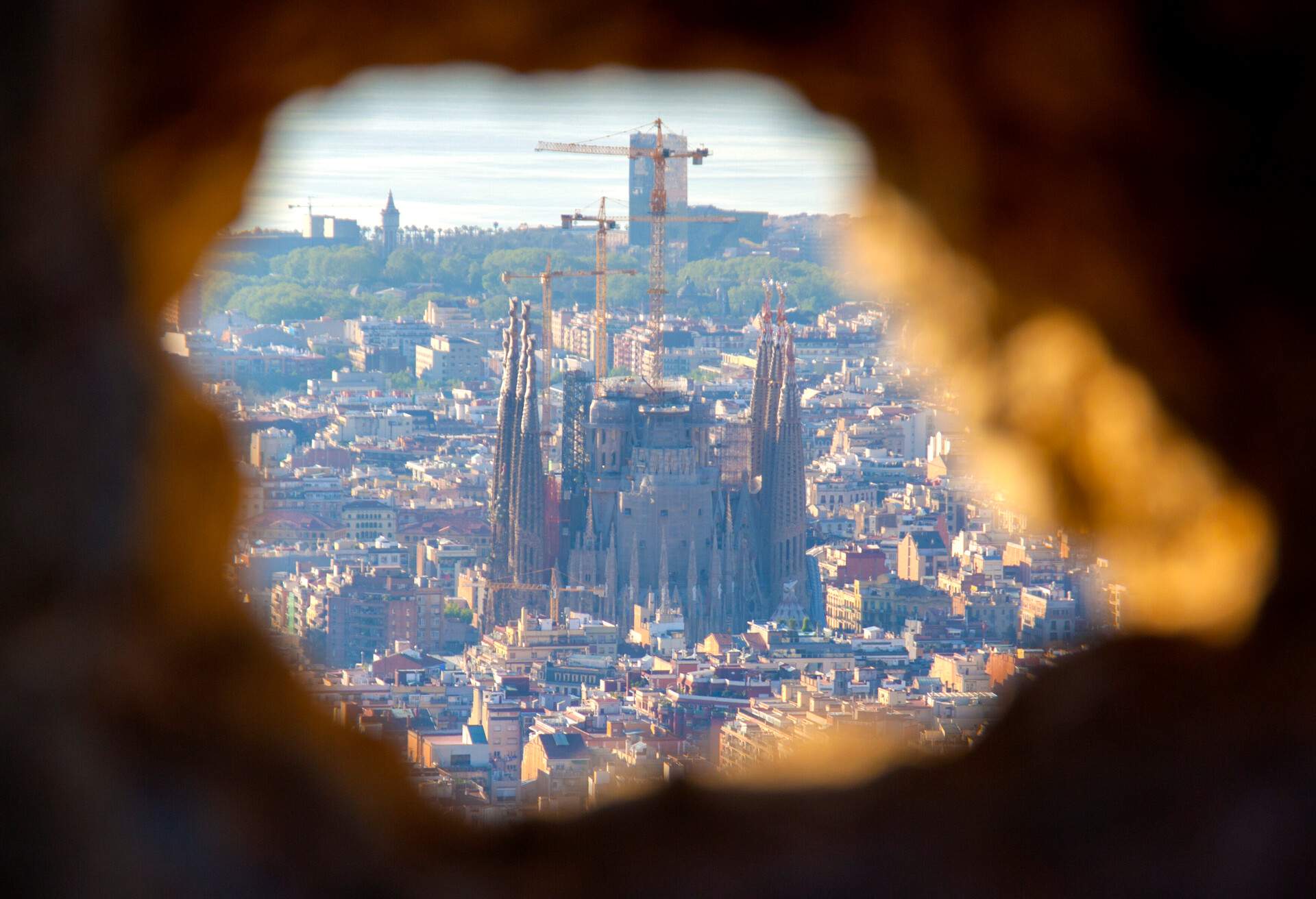 Sagrada familia cathedral in Barcelona, views from Turó de la Rovira bomb shelter.