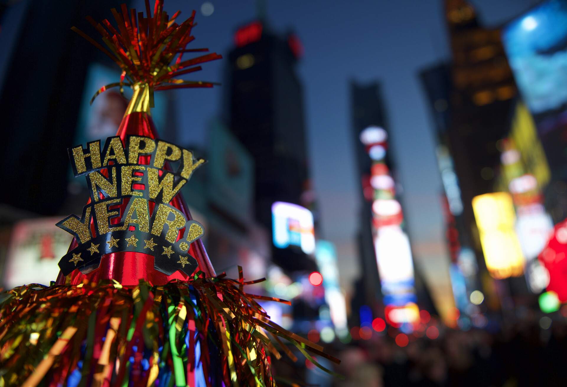 Happy New Year hat with colorful decoration in Times Square New York City; Shutterstock ID 240163873