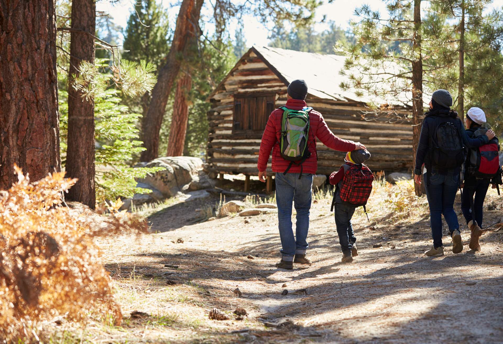 A family of four walking towards a log cabin in the woods.
