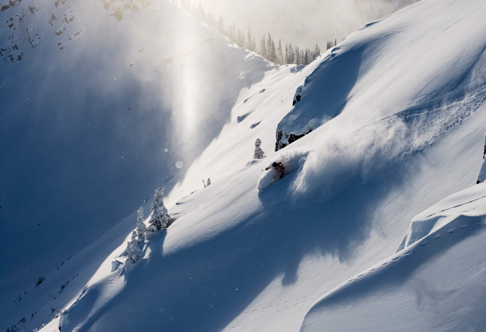 Man off-piste skiing deep powder snow in the backcountry terrain at Kicking Horse Mountain Resort in Golden, British Columbia, Canada. Situated on the British Columbia Powder Highway in Canada, the Kicking Horse Ski Resort is located 14km outside the logging town of Golden.